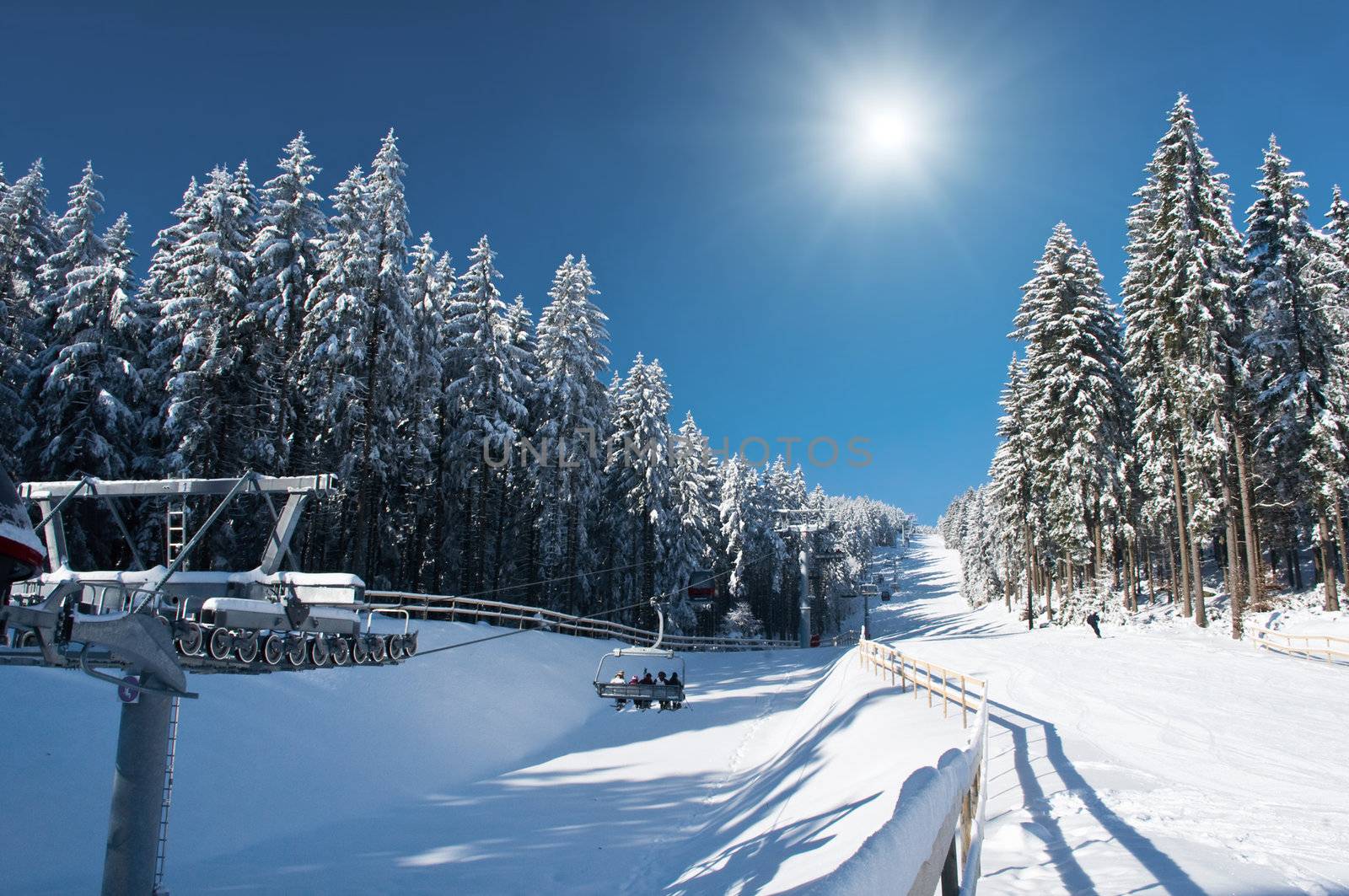 Ski Resort with Sun and blue Sky, taken in Austria