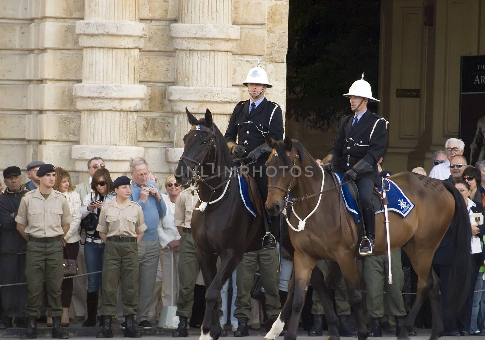 Cavalry officers on horseback from the Malta Police Force      