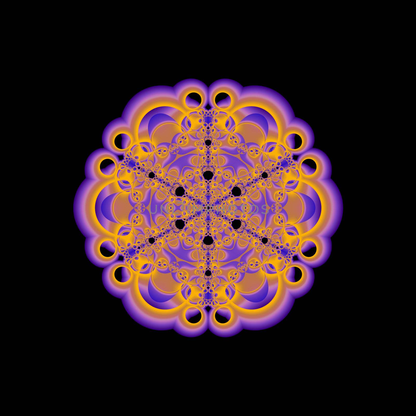 An abstract fractal mandala done in shades of gold and purple floating on a black background.