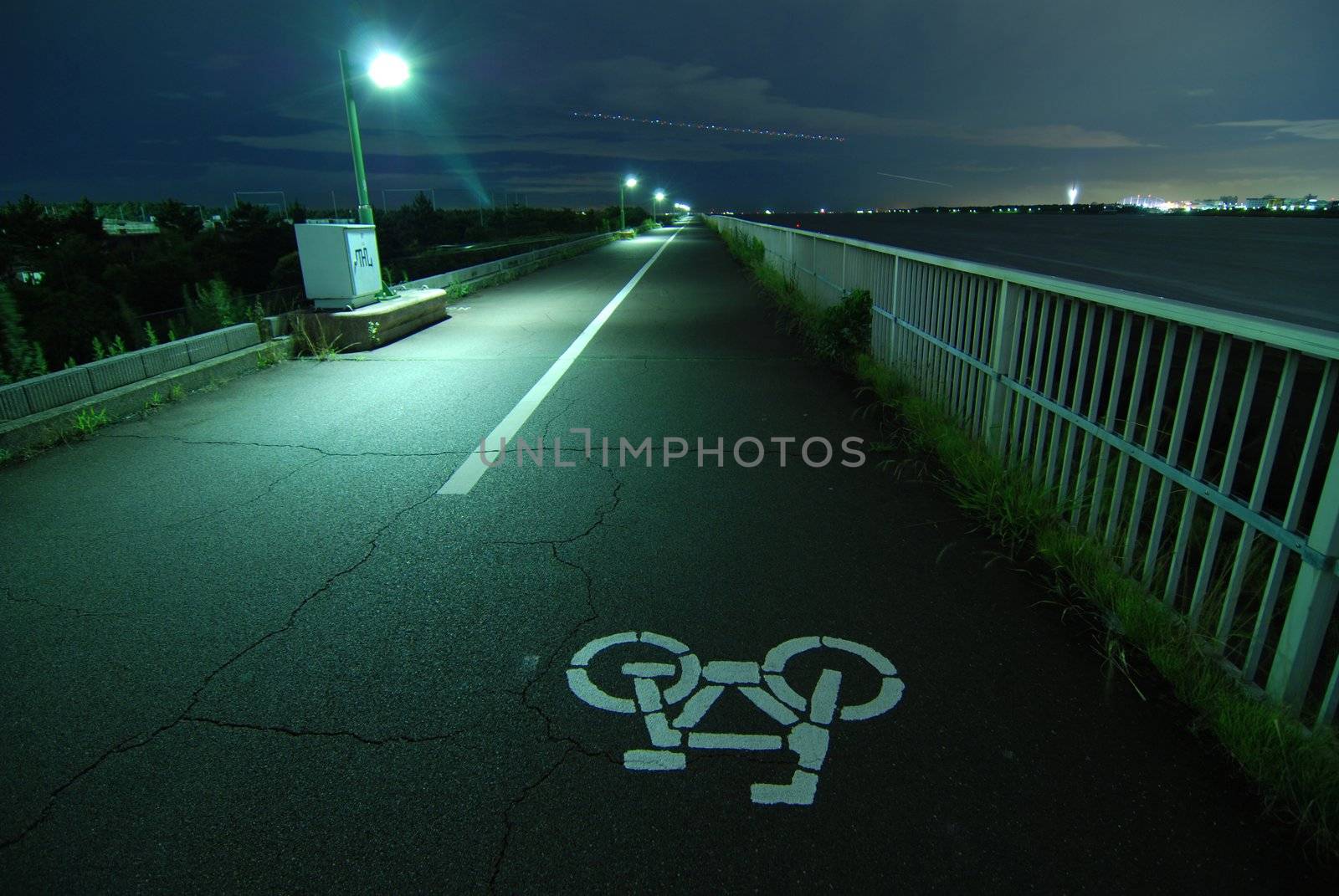 night image of bicycle road going faraway on the Tokyo bay embankment 
