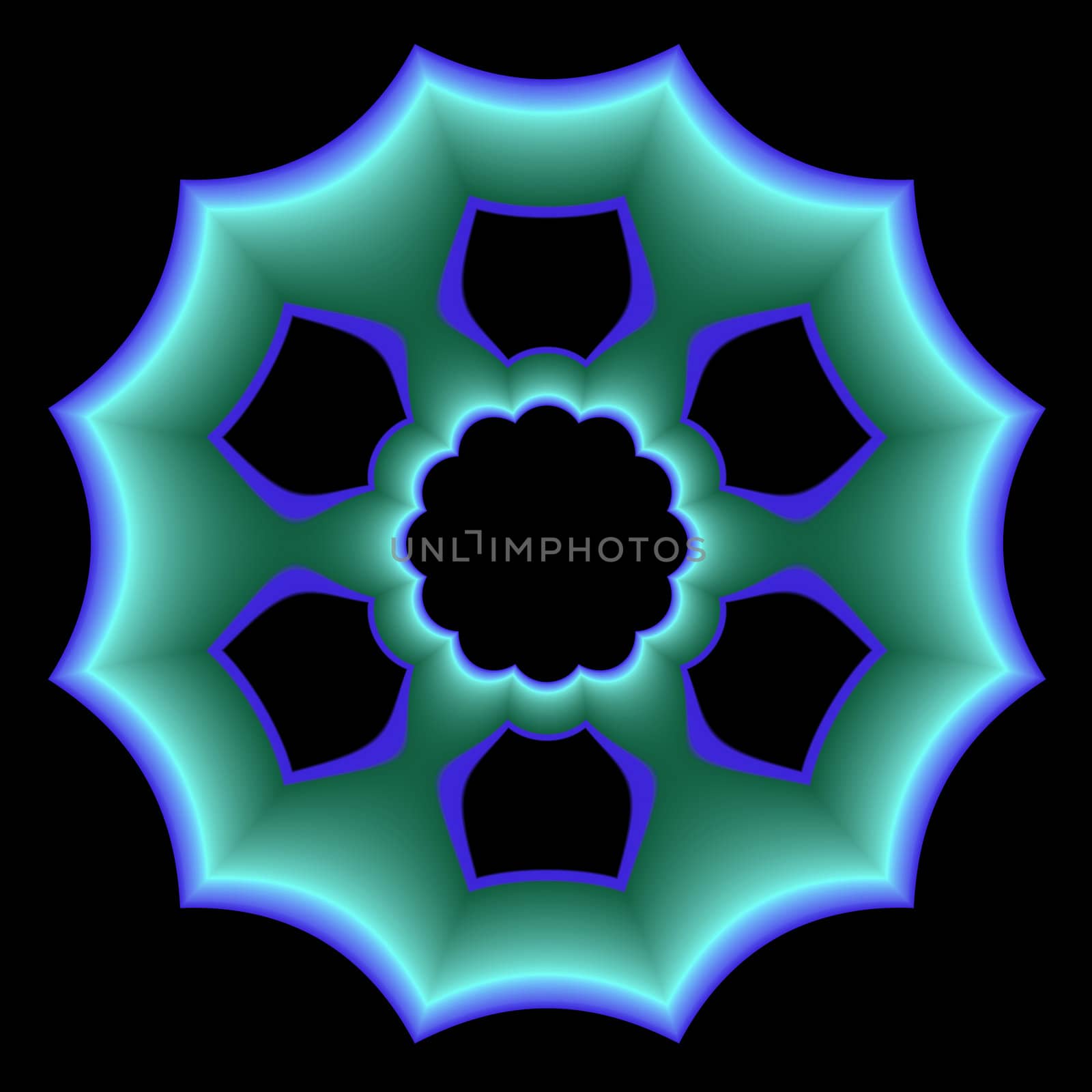 An abstract circular fractal done in shades of blue and green floating on a black background.