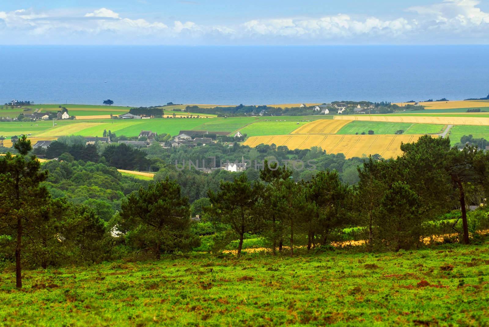 Agricultural landscape with scenic ocean view in rural Brittany, France