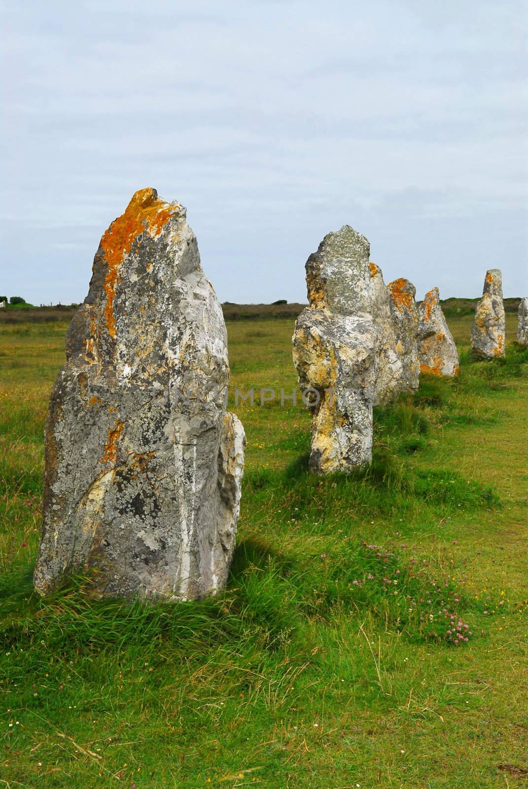 Row of prehistoric megalithic monuments menhirs in Brittany, France