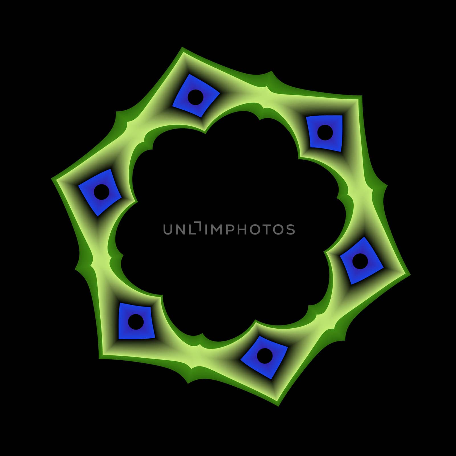 An abstract fractal frame done in shades of blue and green.