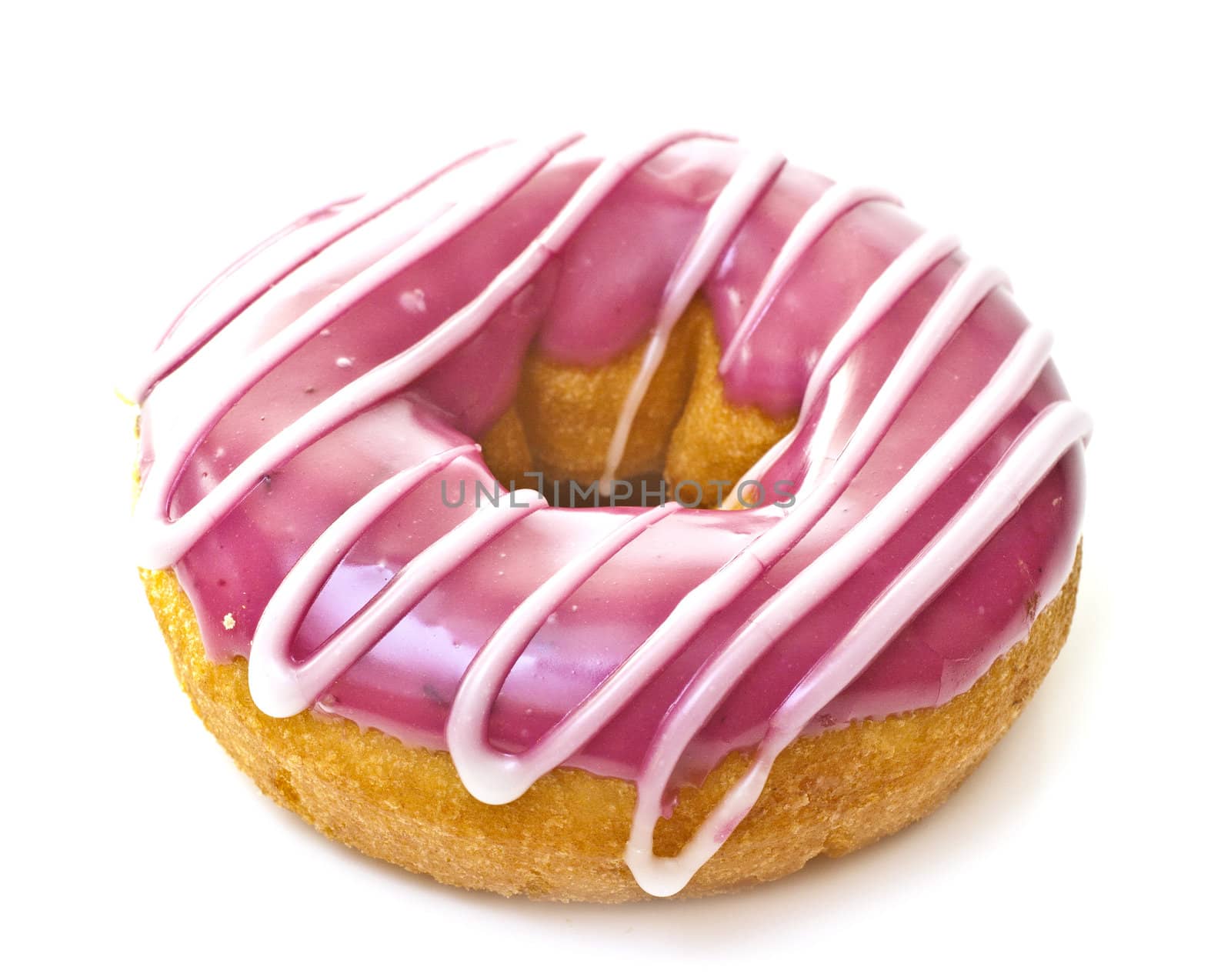 Donut on a white background with pink icing.
