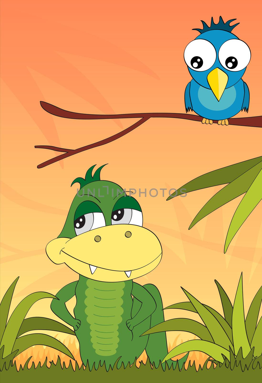 Crocodile and the bird in the jungle book illustration