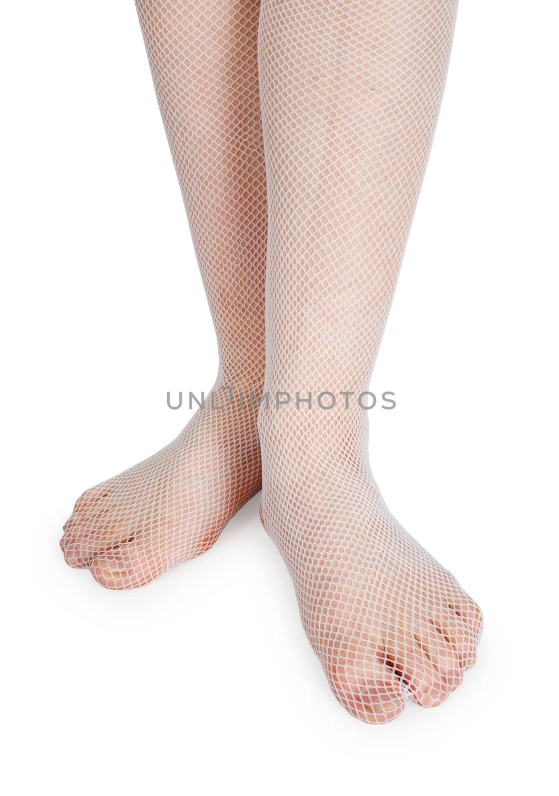 Female legs dressed in fashion stockings, isolated on a white background