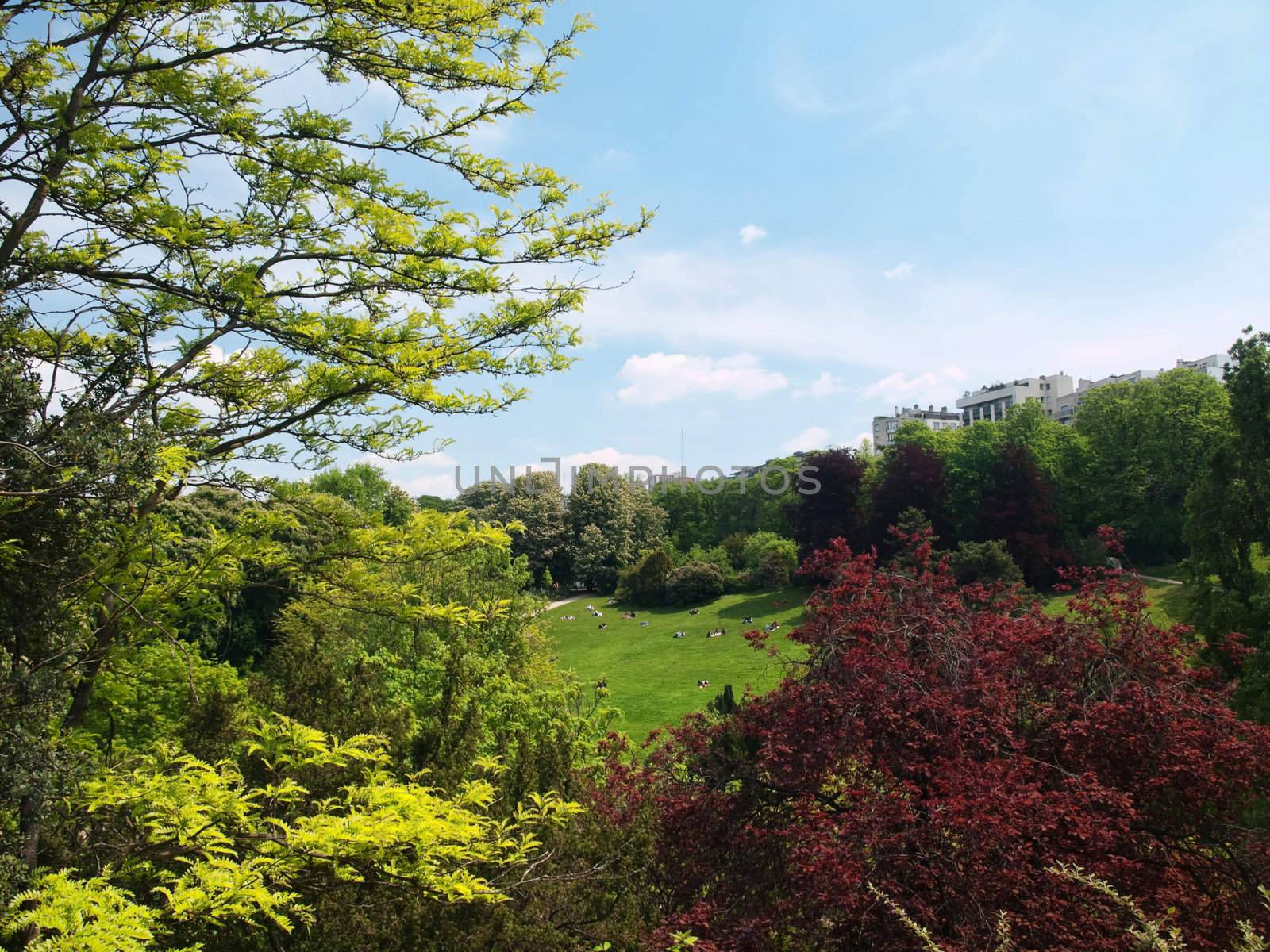 Landscape of the Park Buttes Chaumont in Paris in spring