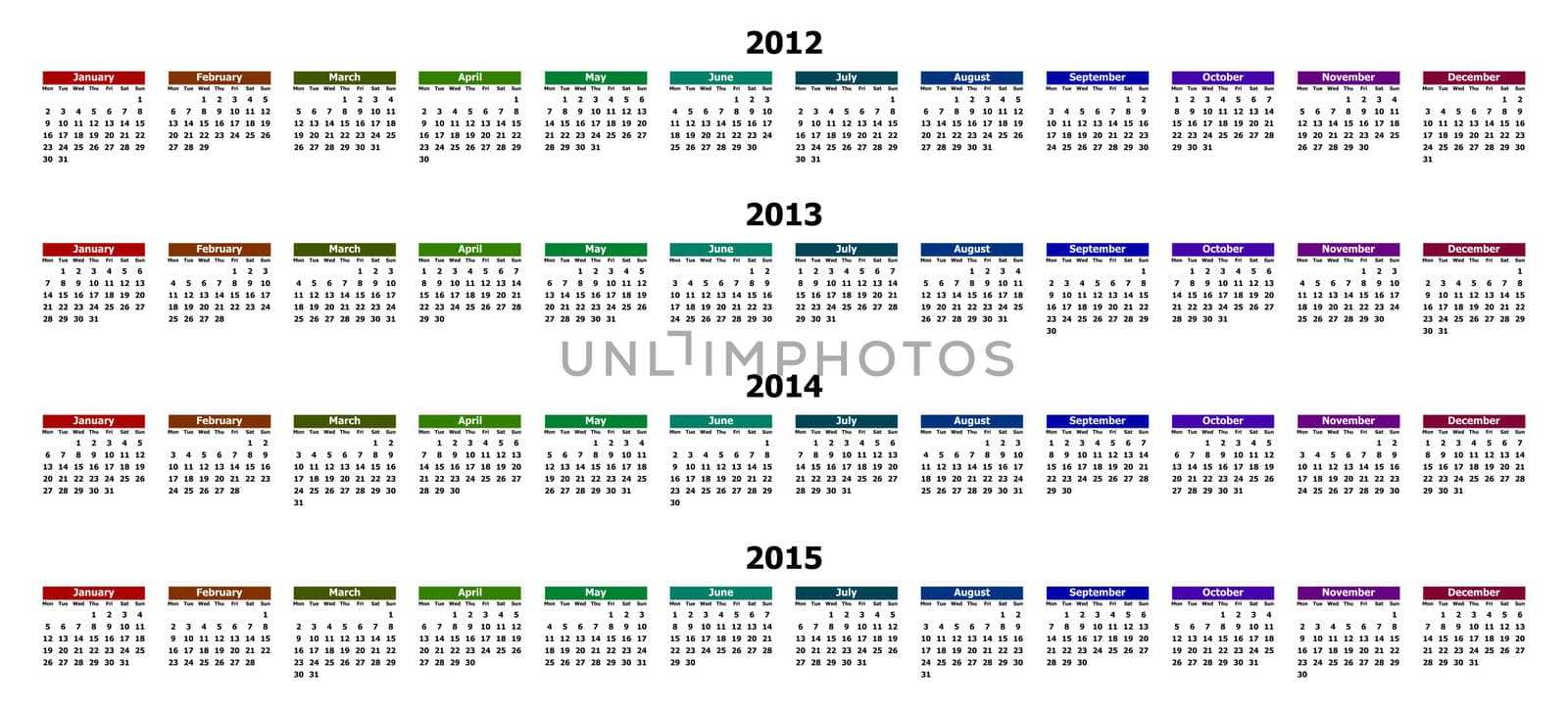 colorful calendar for years 2012 - 2015