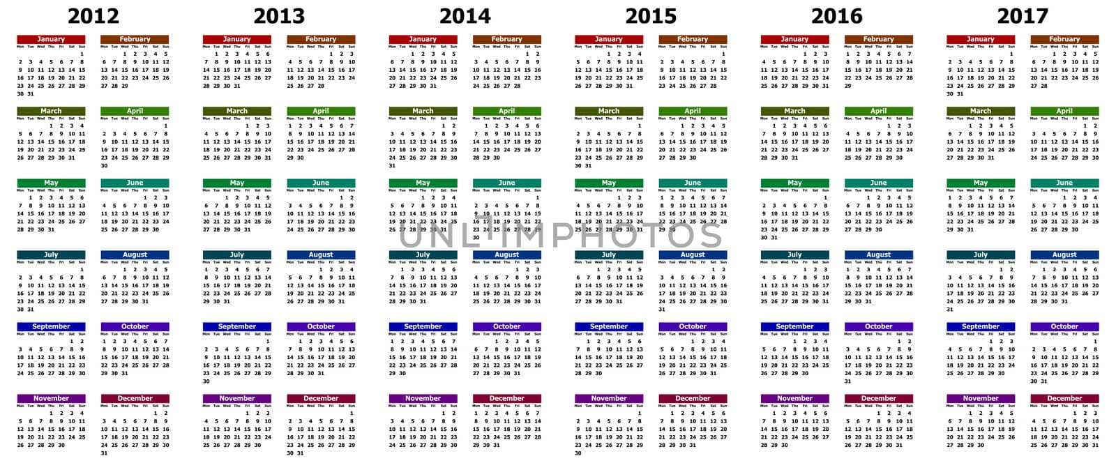 colorful calendar for years 2012 - 2017