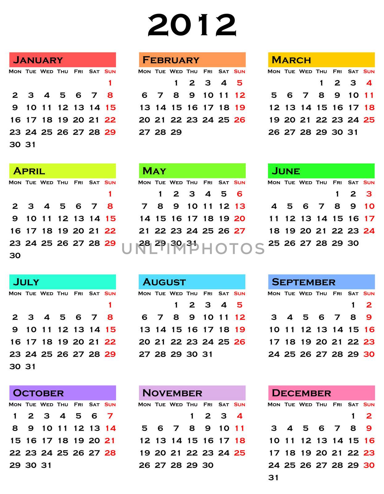 colorful calendar for 2012 year