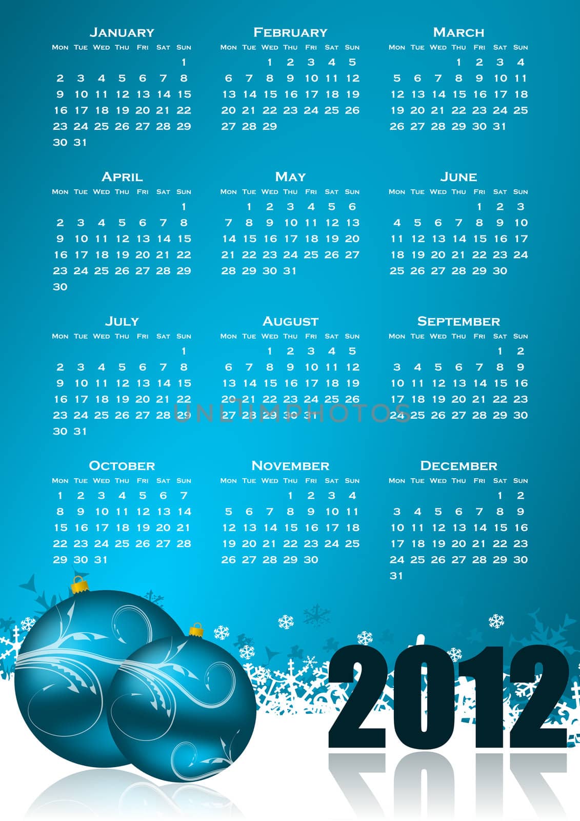 calendar for 2012 year with christmas balls and snowflakes