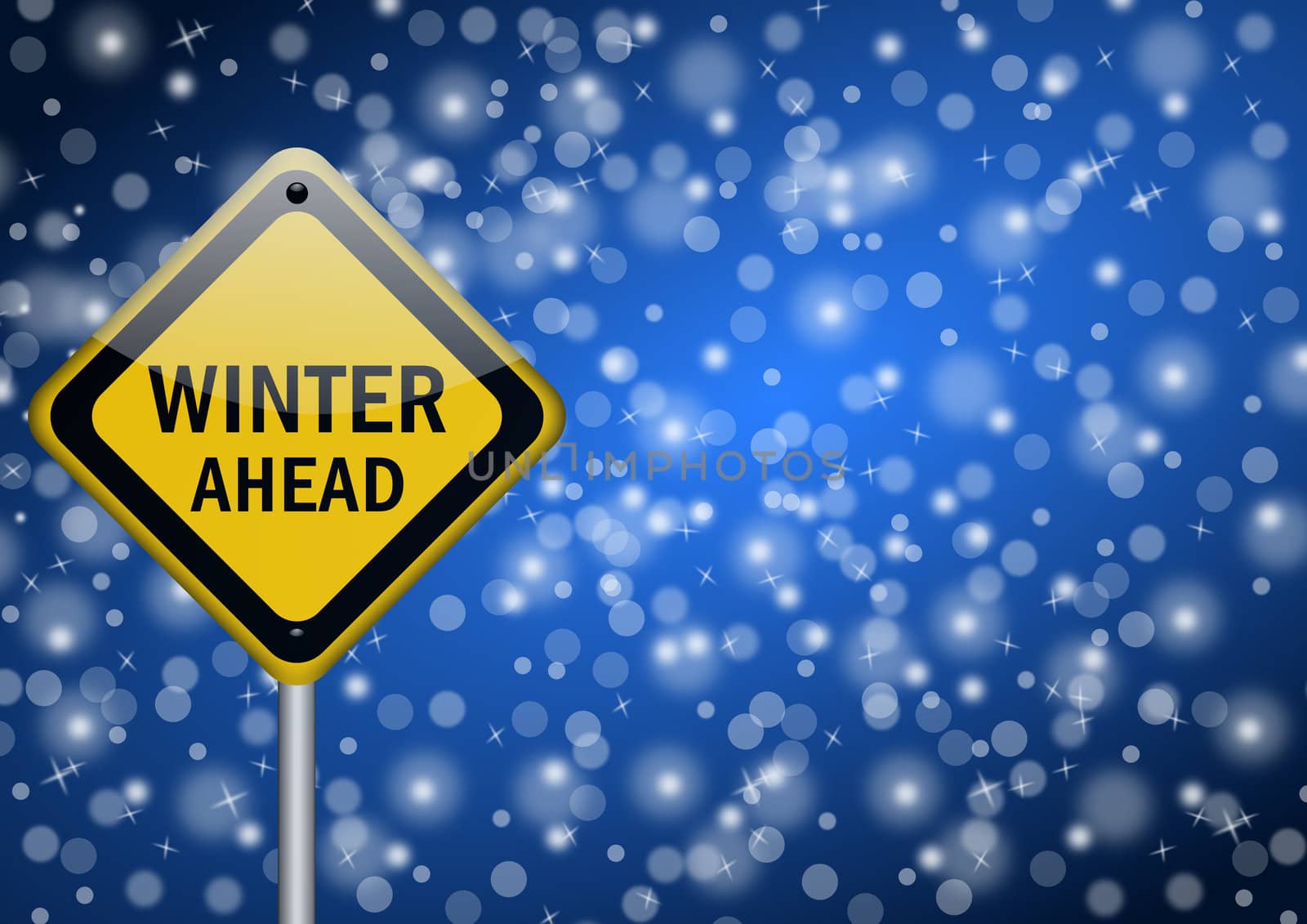 winter ahead traffic sign on snowing background