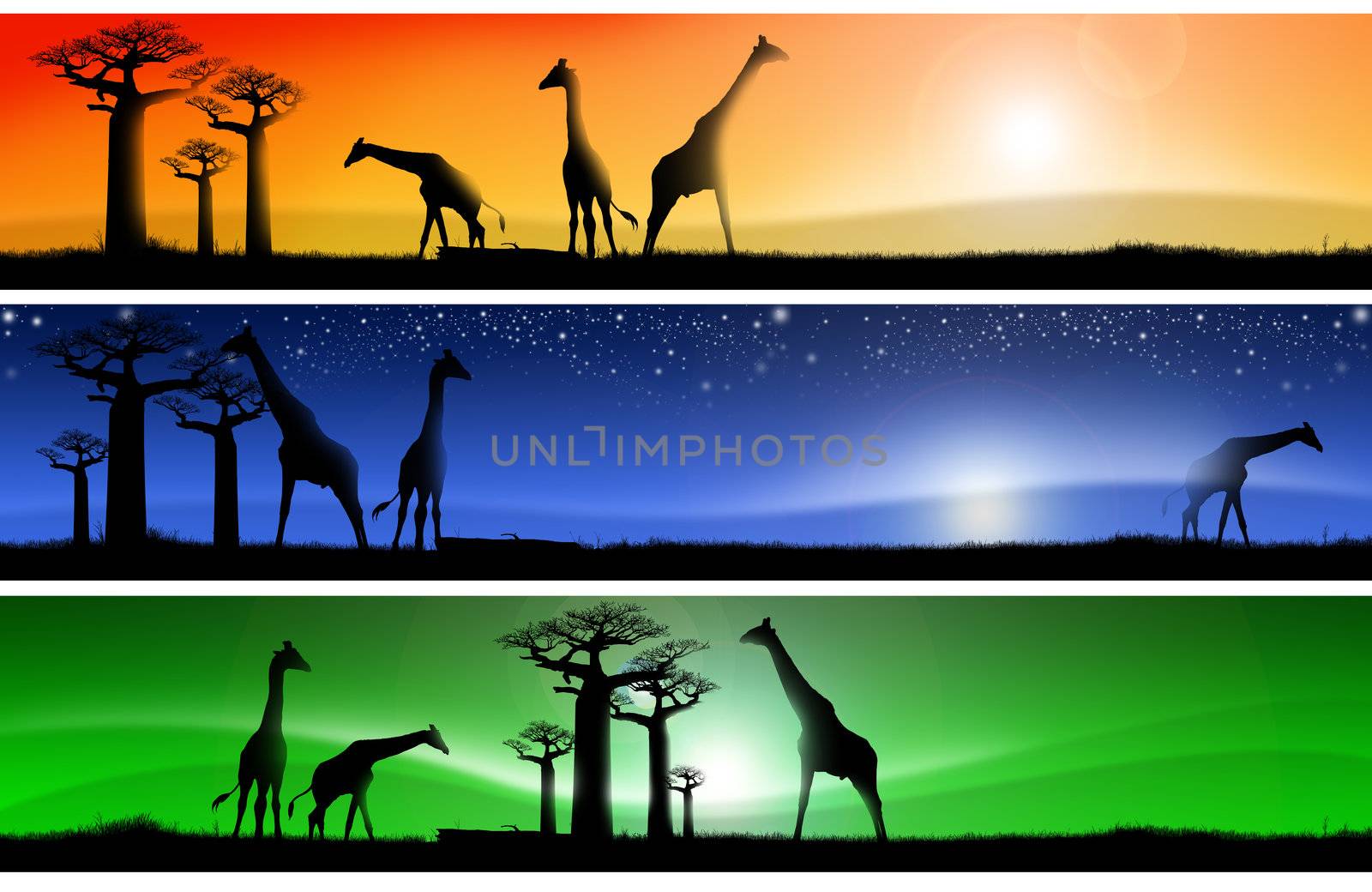 Three banners with african colorful landscapes of fantasy, with grass, baobab trees and giraffes