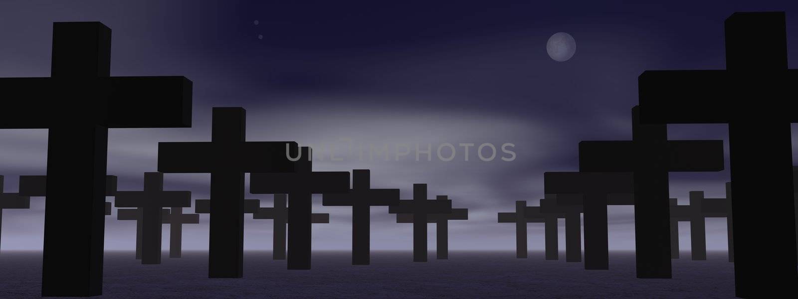 Cemetery with lot of crosses by cloudy night with full moon