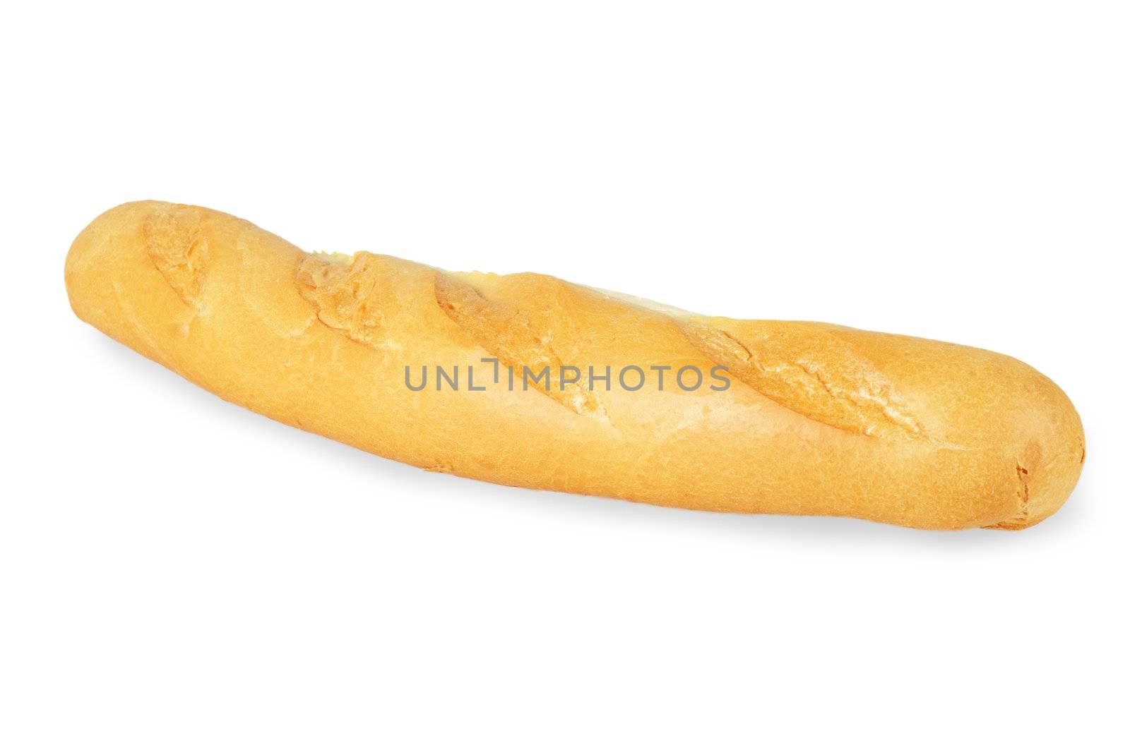 Small baked baguette. Isolated on white background