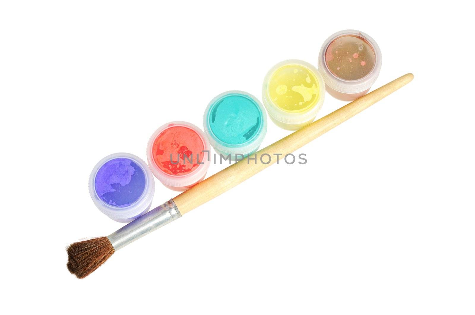 Five cans  of paint and brush.  Isolated  on white.