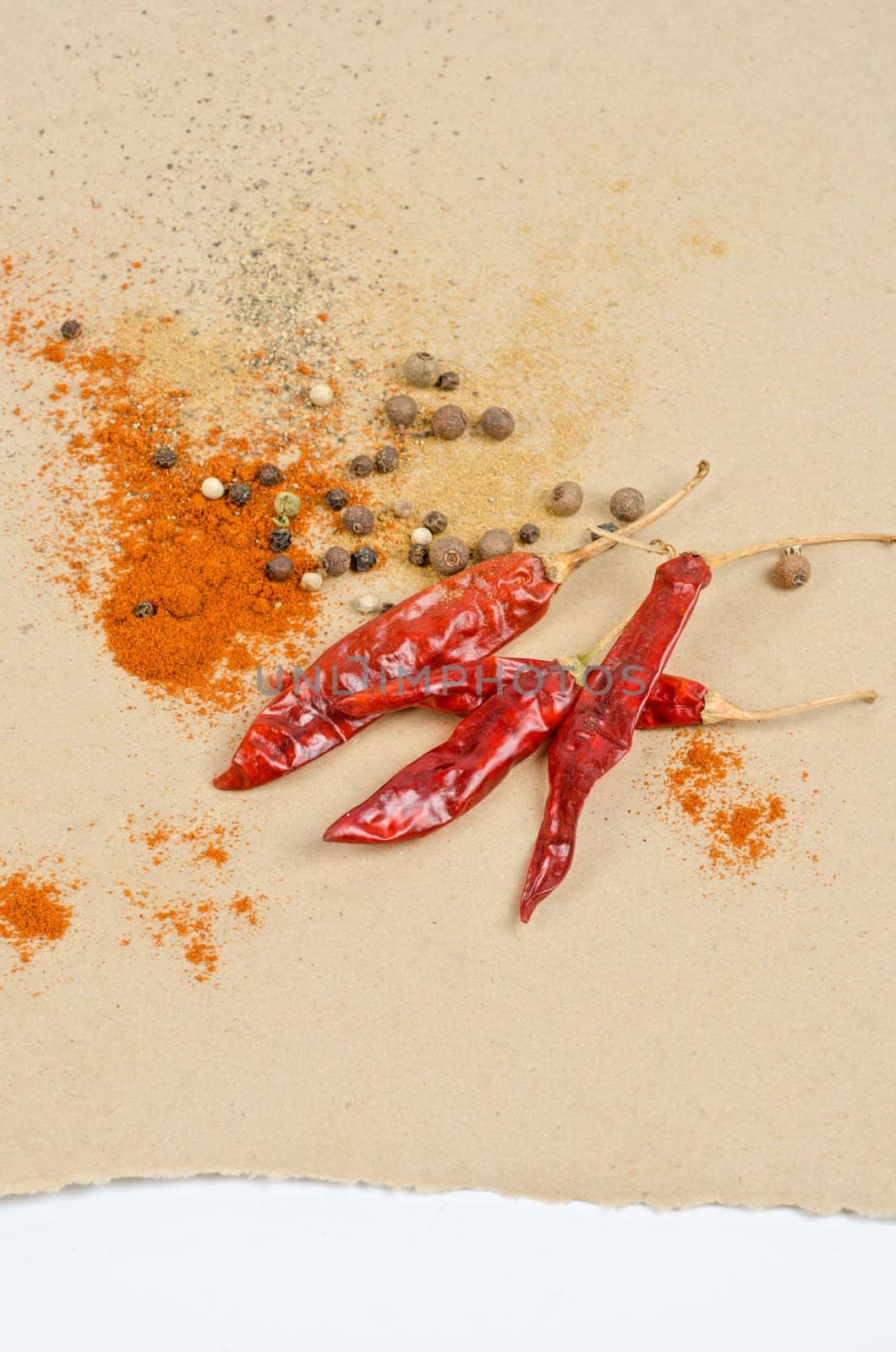 dried peppers and other kind of peppers spices on a brown background