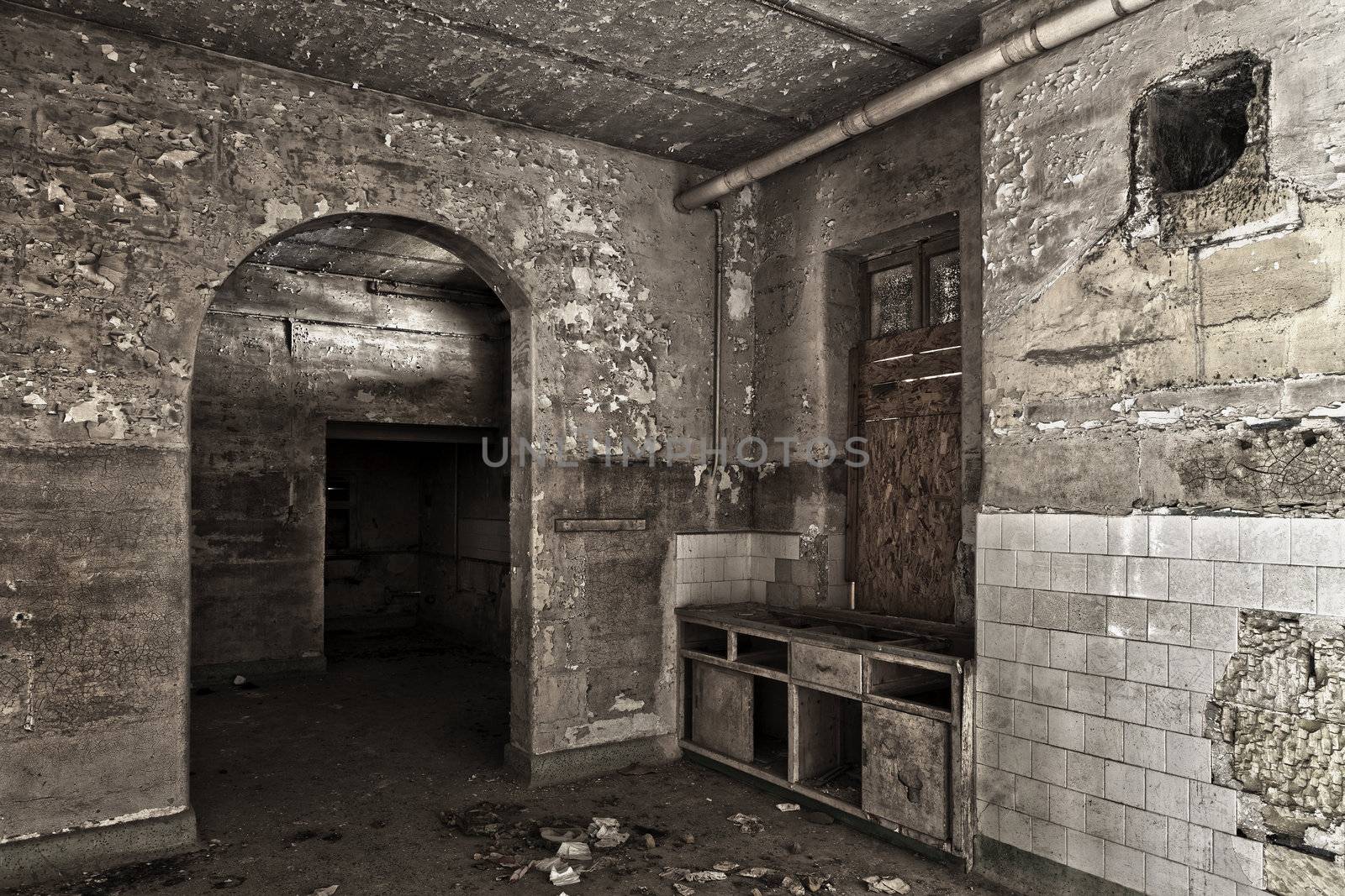Interior shot of an old and decaying kitchen