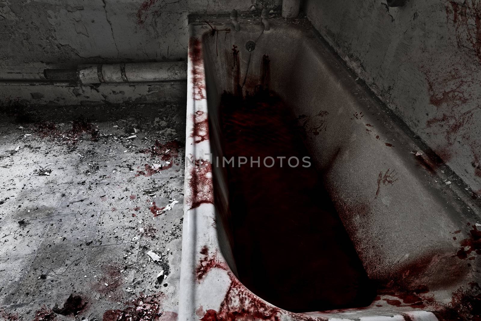 Old bathroom with bath full of blood and blood spatter everywhere