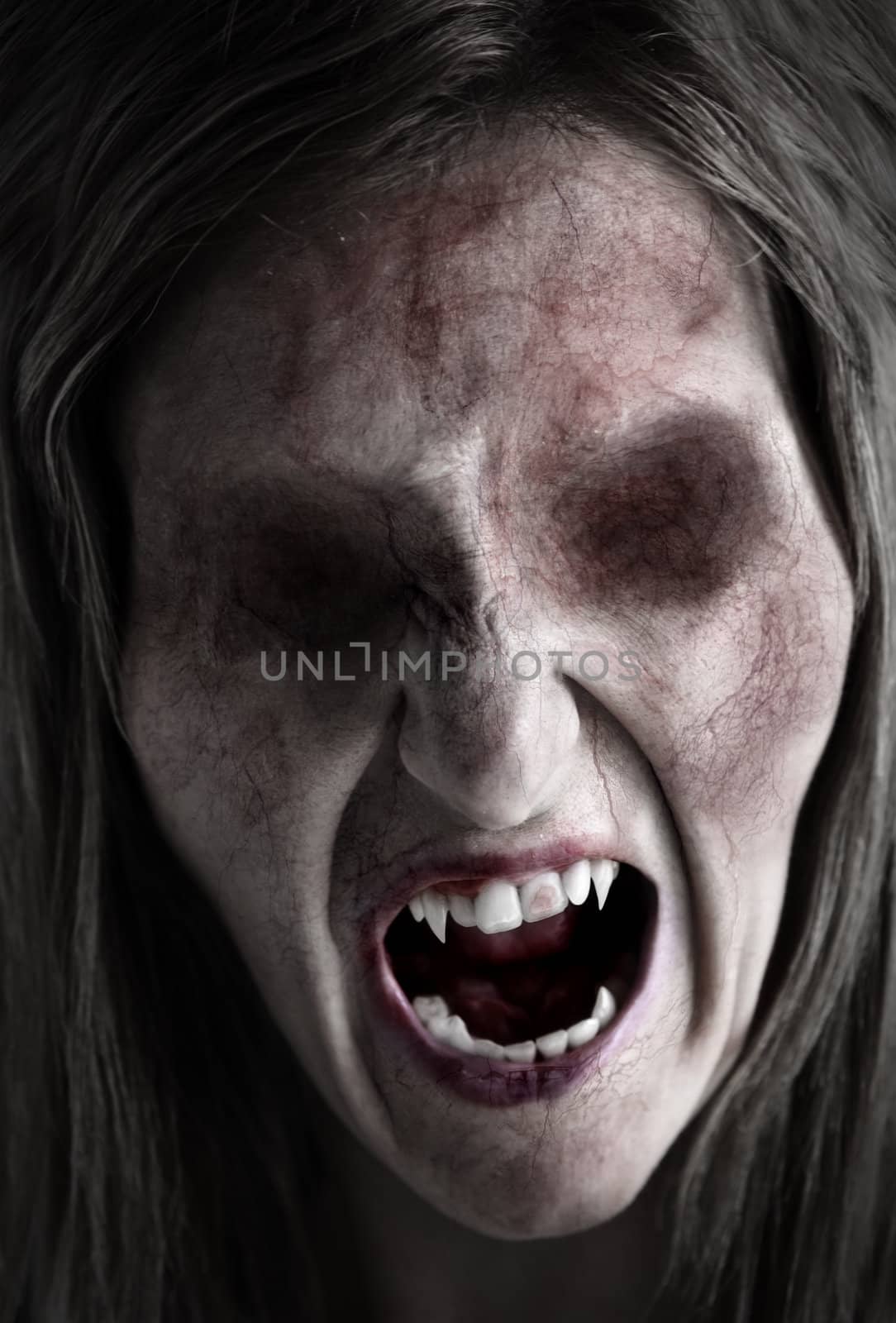 Portrait of an eyeless female ghoul or zombie
