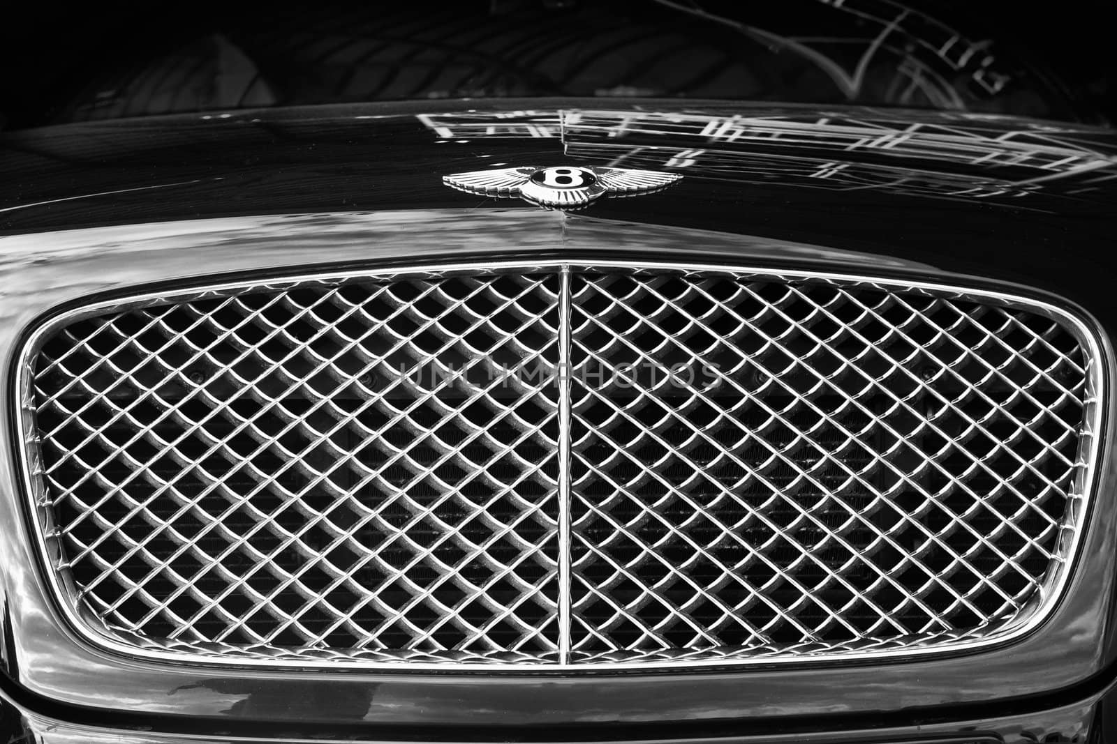 Monochrome detail of grille from a luxury Bentley automobile