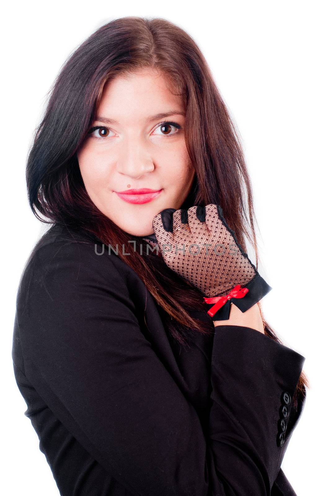 A beautiful sexy gril in a black anderwear with a red bow on her neck (isolated on white)