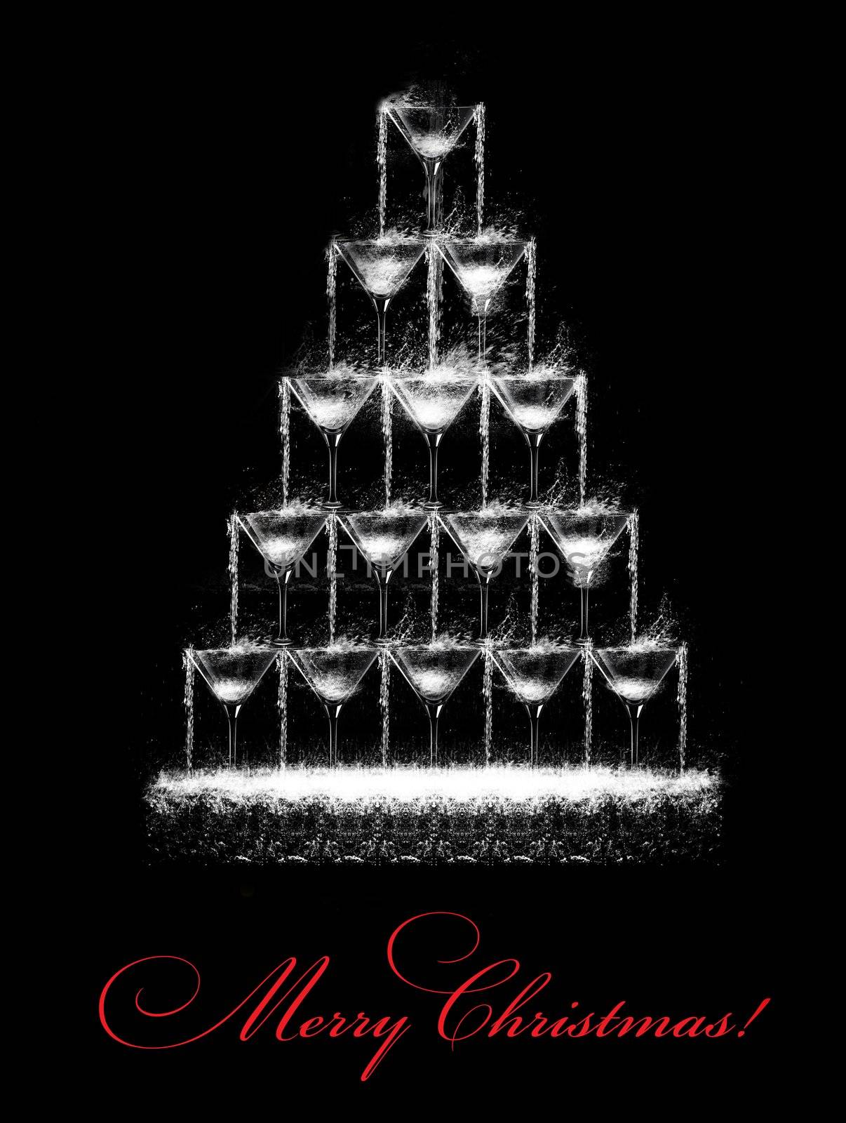 Stylized Christmas tree consisting of wine glasses which pours a drink