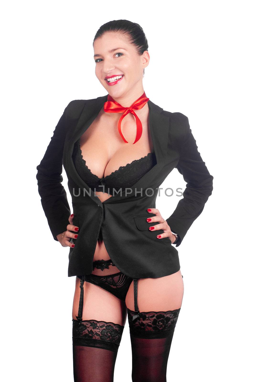 A beautiful sexy gril in a black anderwear with a red bow on her neck (isolated on white)