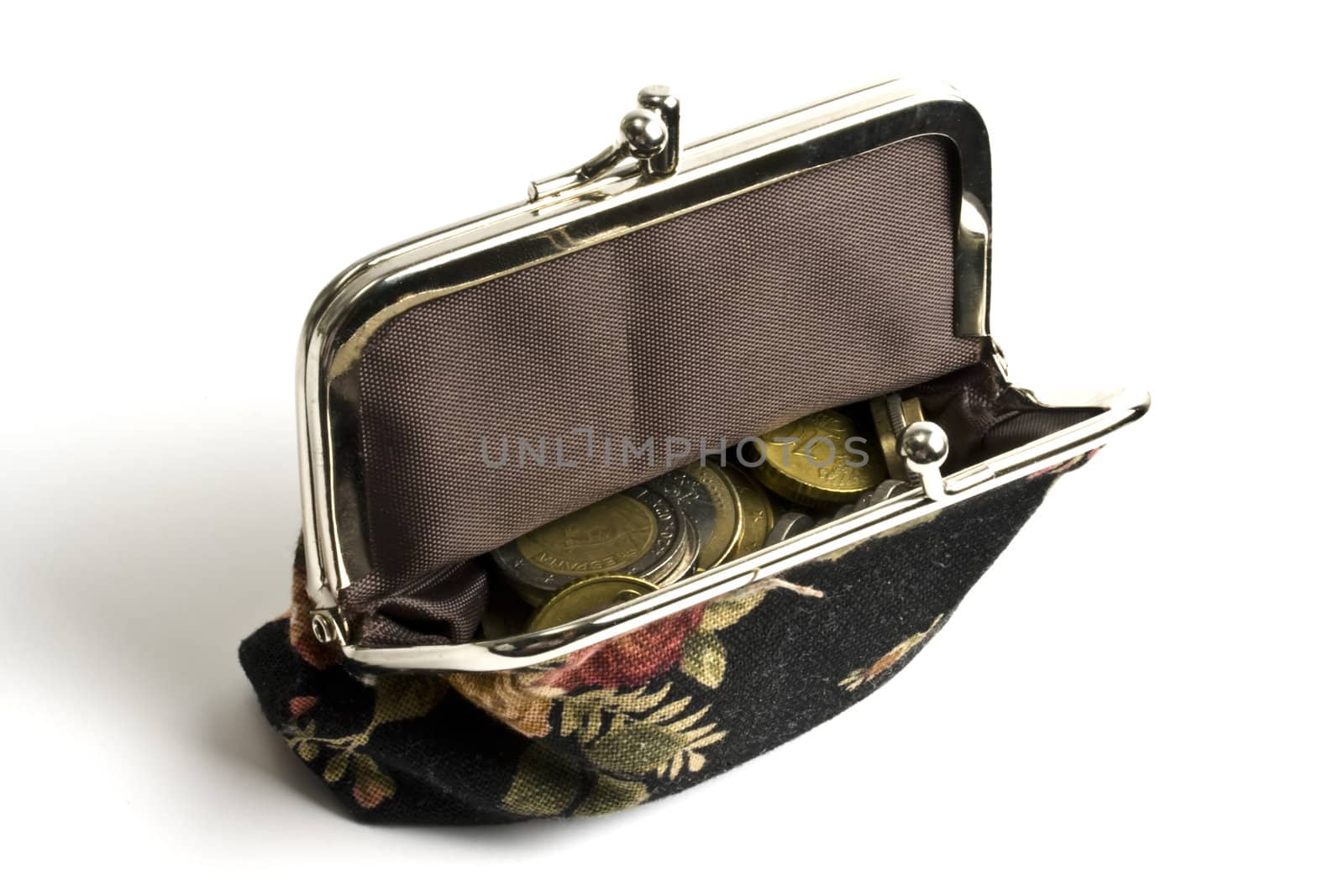 Pretty purse with coins isolated on white background