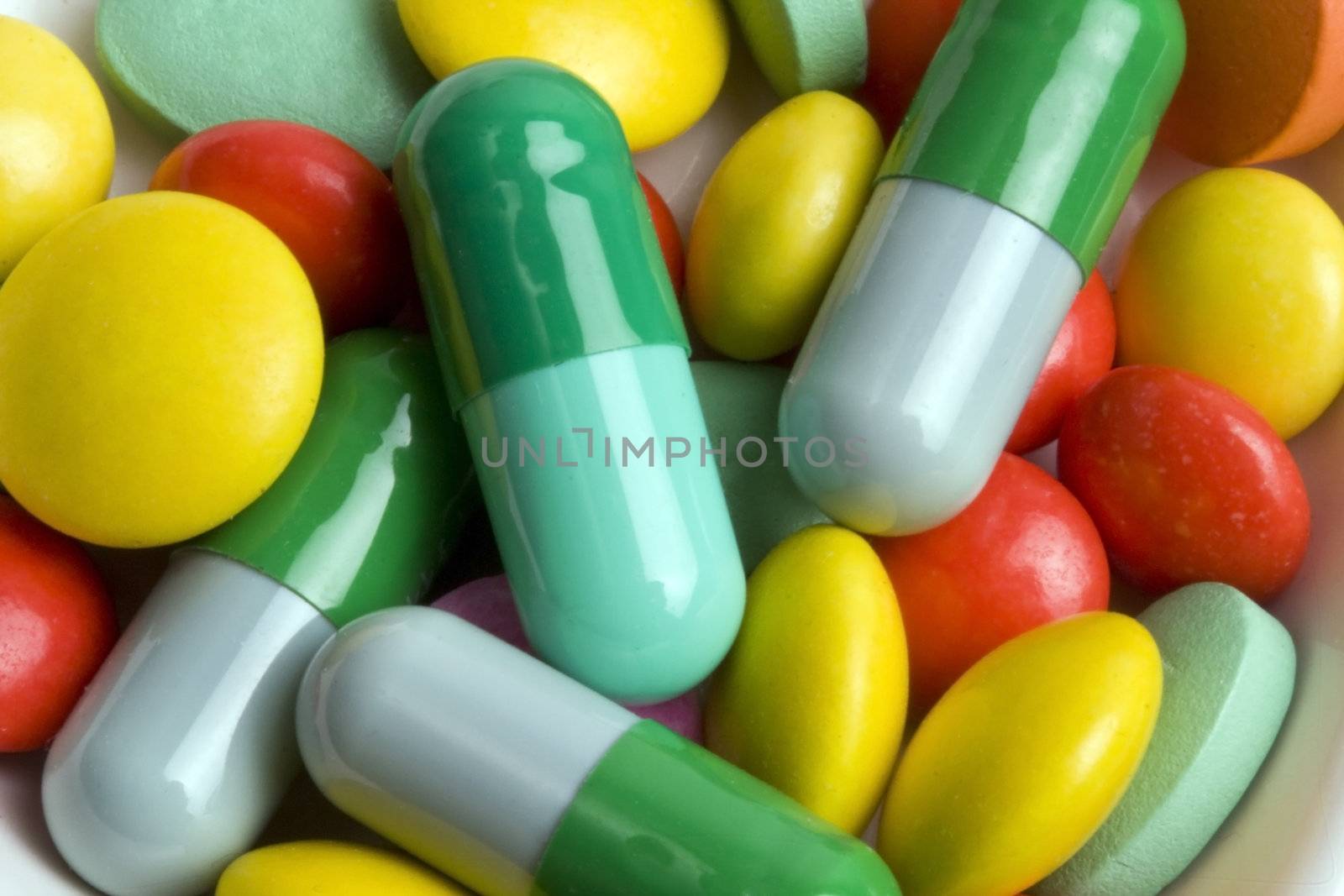 Closeup colorful pills,tabletsand capsules
