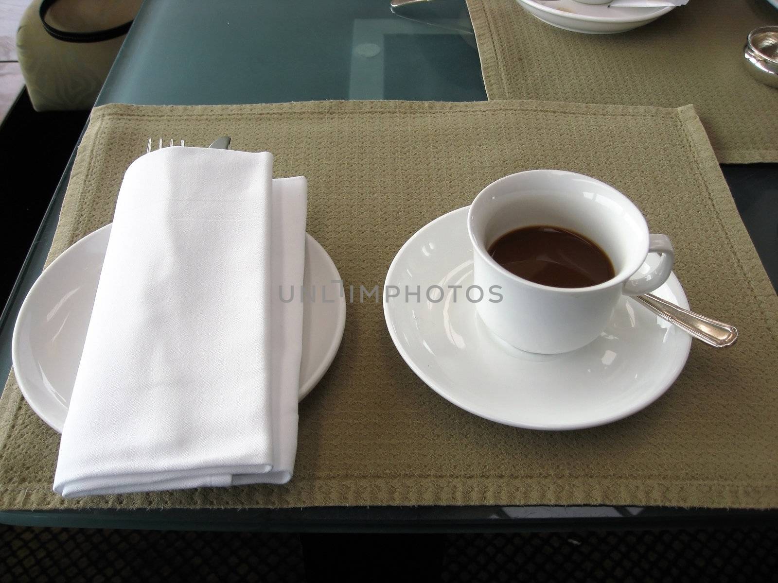 Serving coffee closeup in the lobby of a hotel