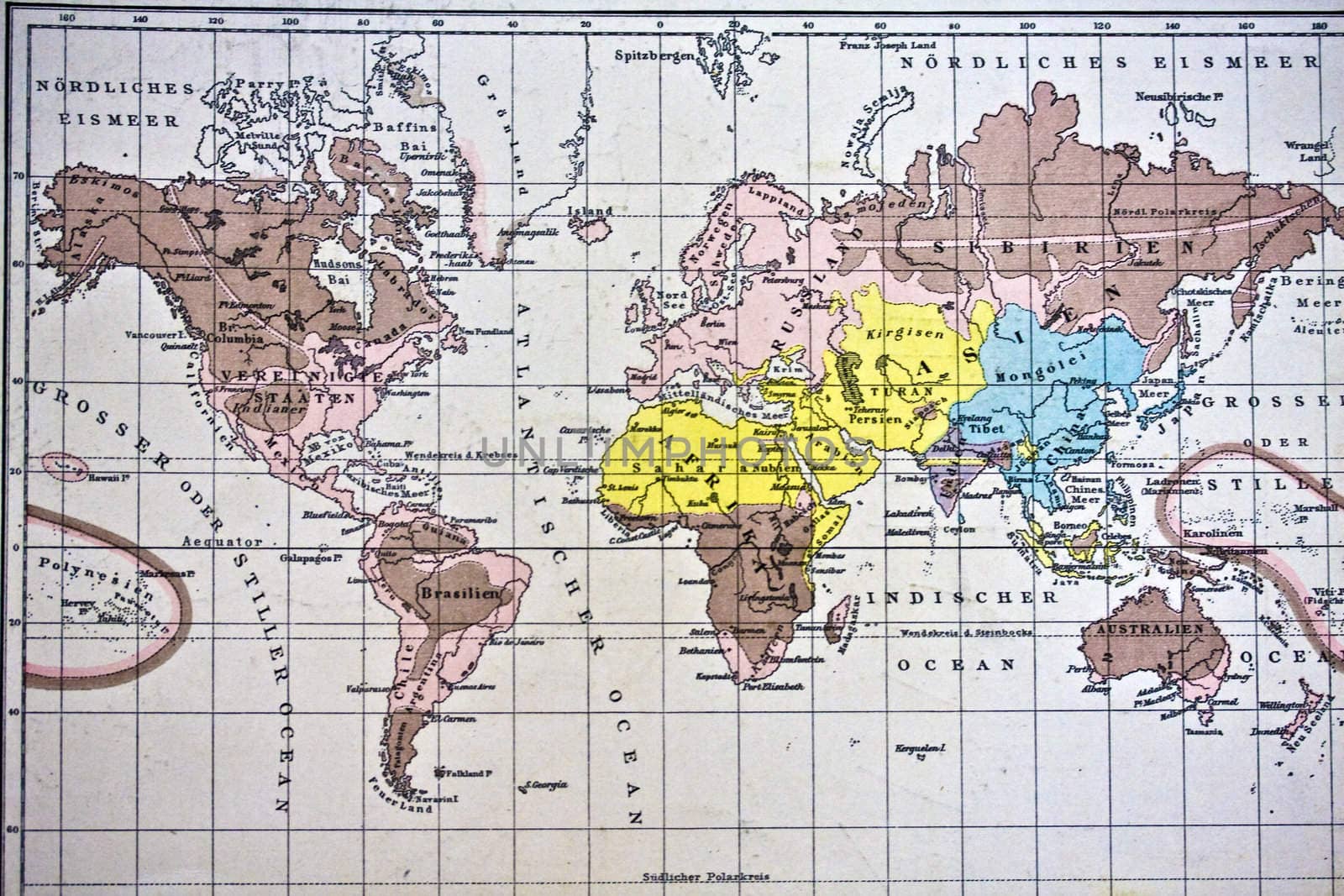 Ancient map of the world. Handmade in 1881