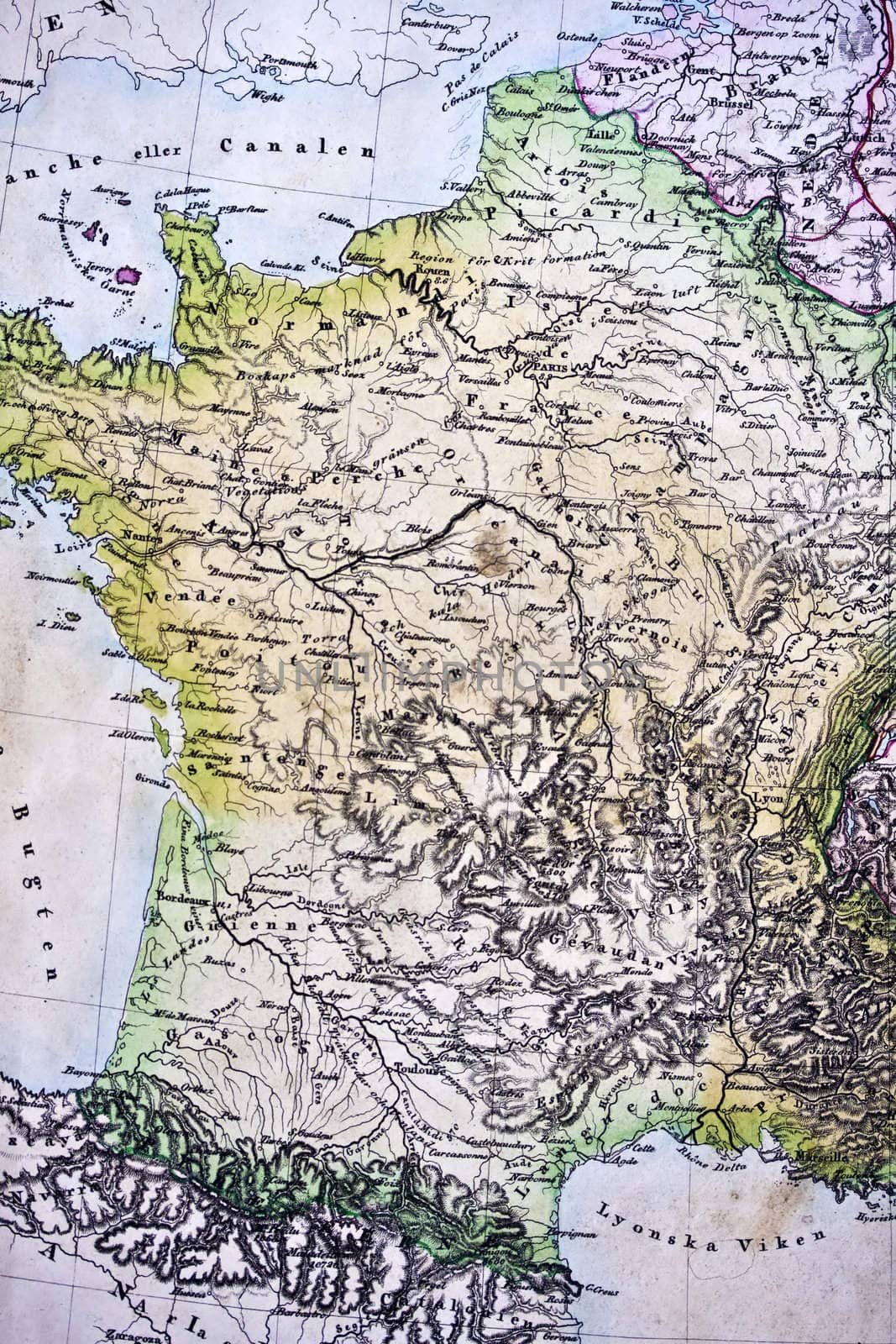 Ancient map of France.Handmade in 1828