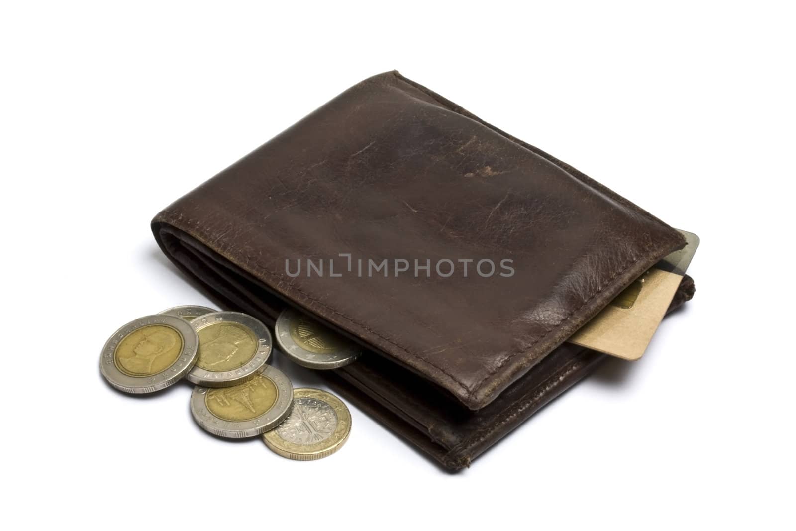 Brown wallet with coins and credit card isolated on white