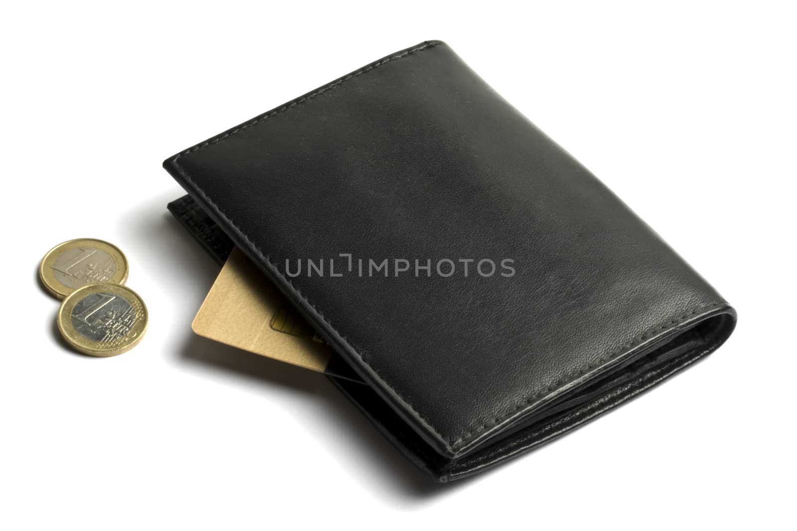 Black wallet with coins and credit card isolated on white 