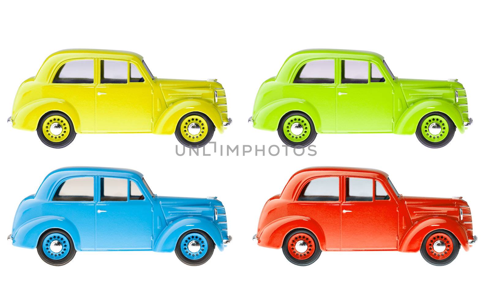 Set of retro cars in different colors isolated on white background