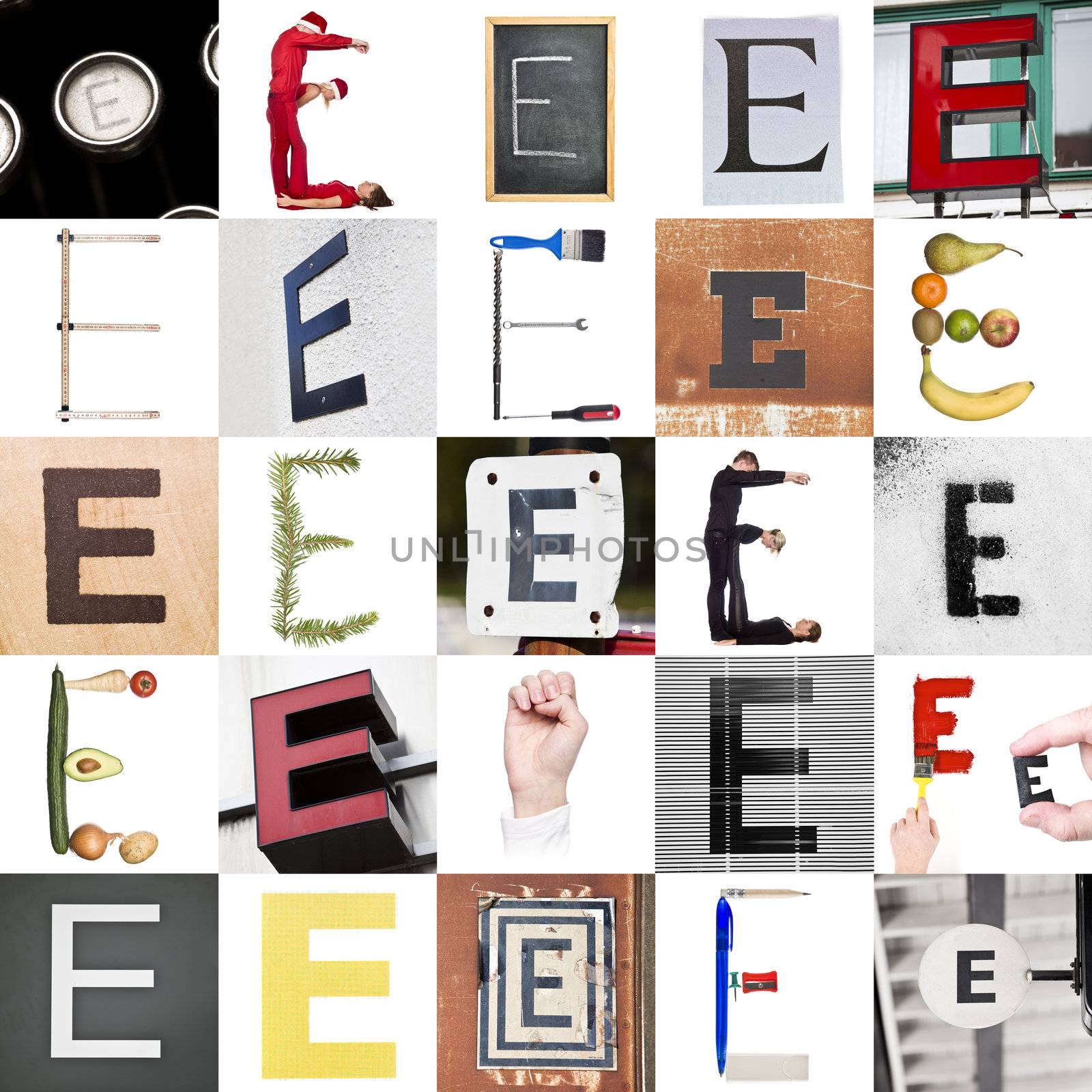 Collage with 25 images with letter E