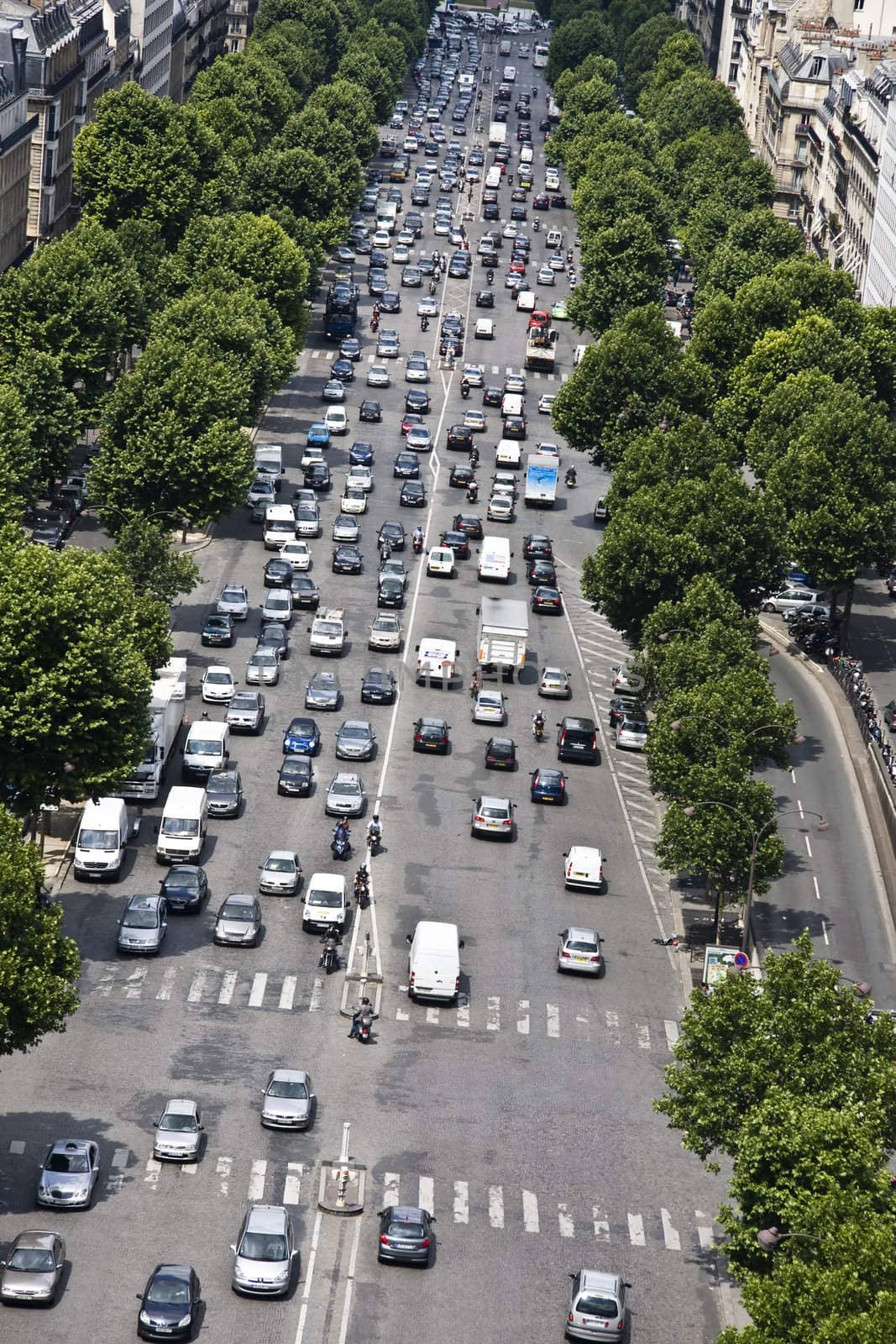 Aerial view of Champs Elysees Boulevard and cars