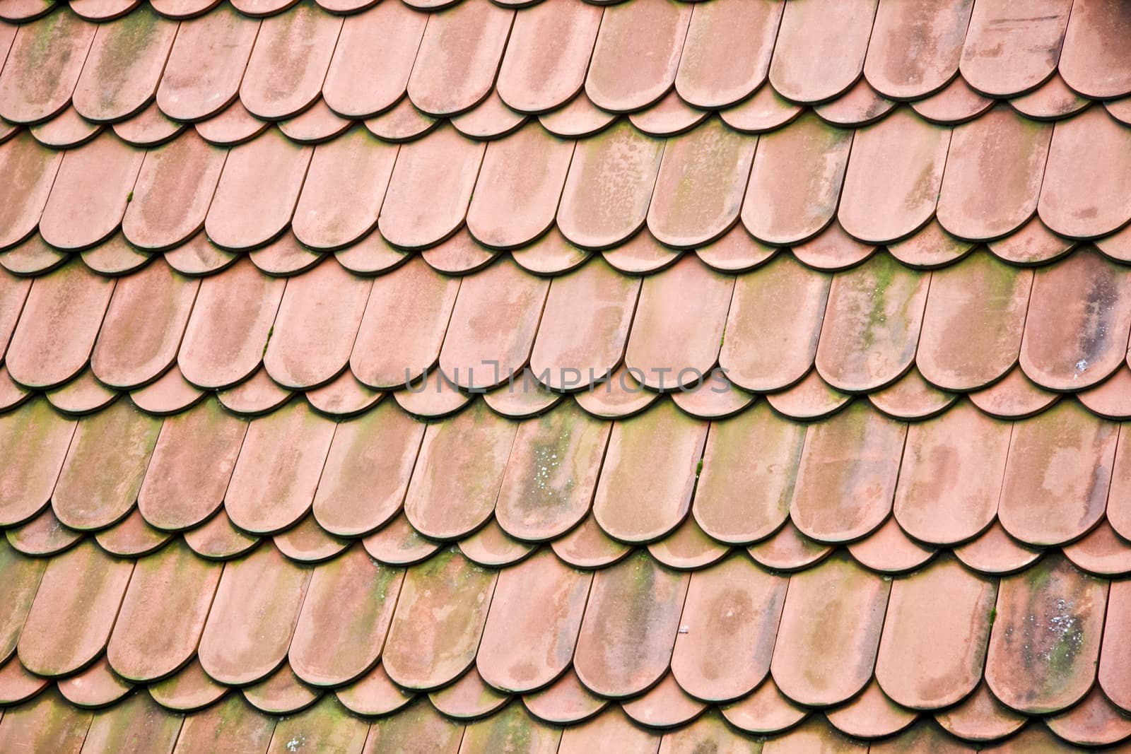 Texture of old red tiled roof background . Prague old building