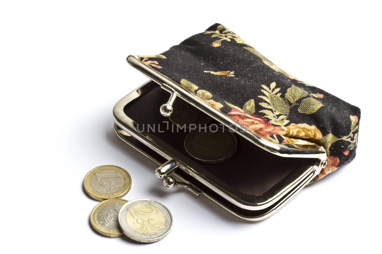 Beautiful purse with euro coins isolated on white background 