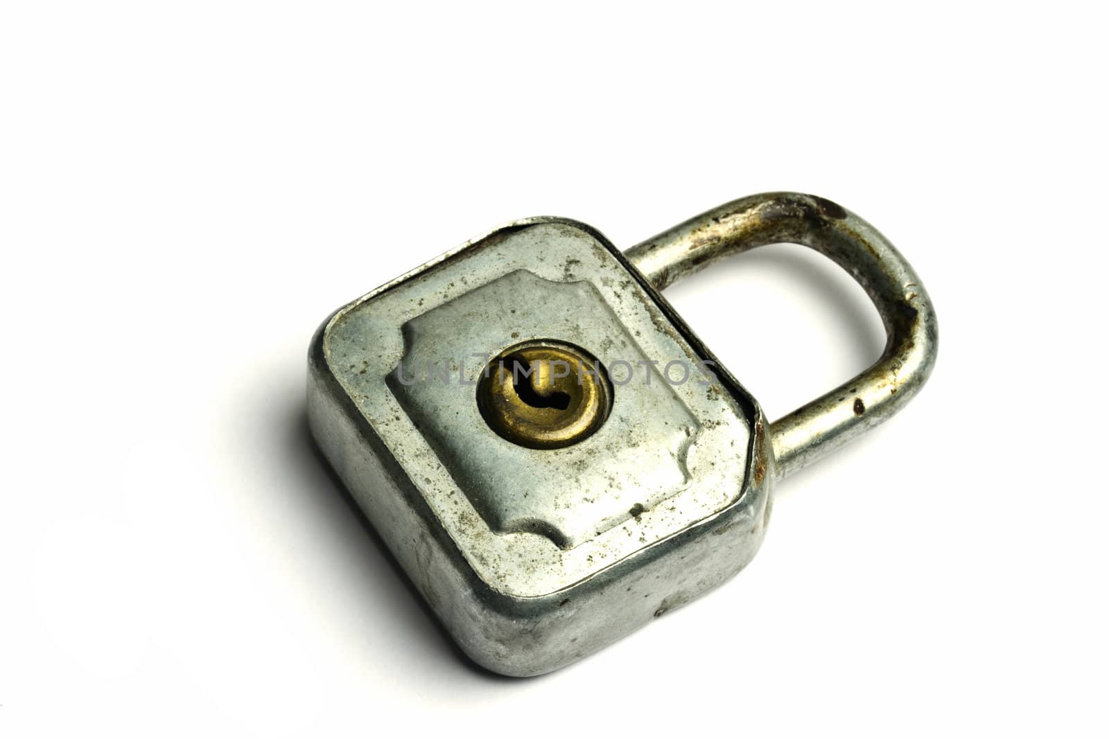 Old padlock isolated on white background