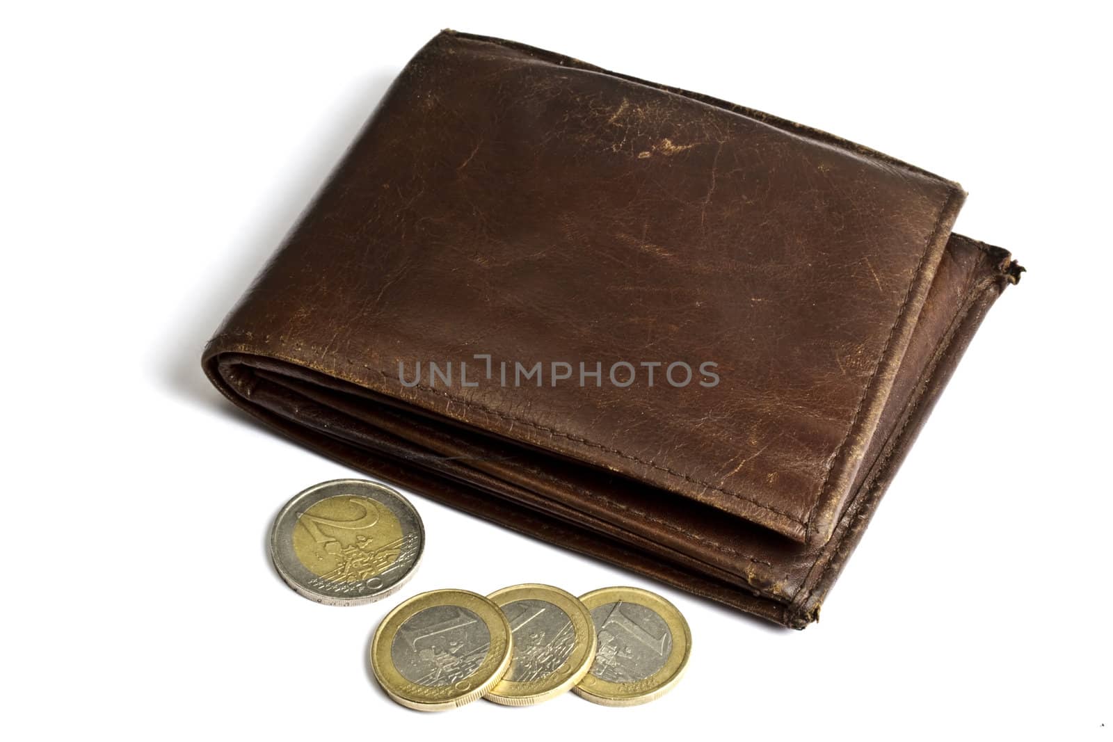 Brown wallet with coins isolated on white background