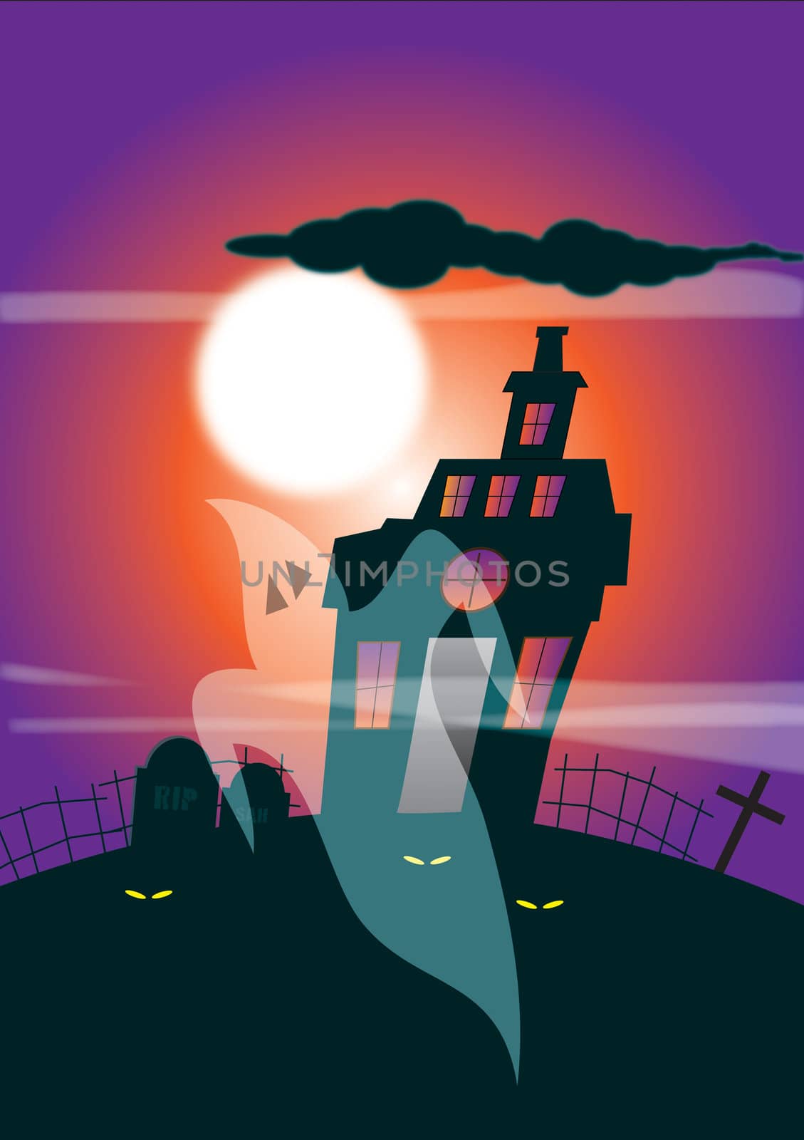 An illustration of a haunted house silhouetted against a purple and orange night time sky background with full moon. Halloween themed.