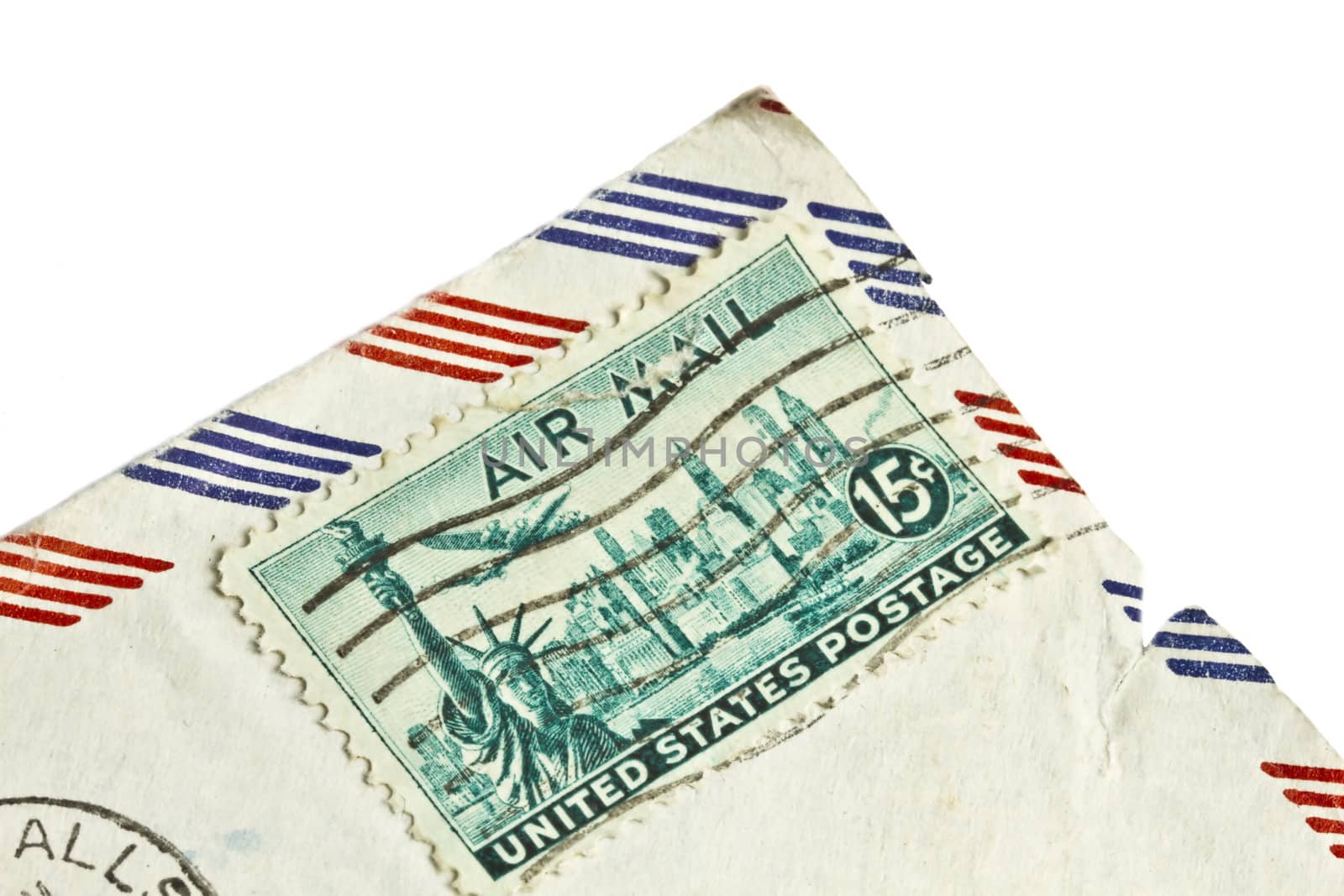 Old stamp of United States postage closeup on white 