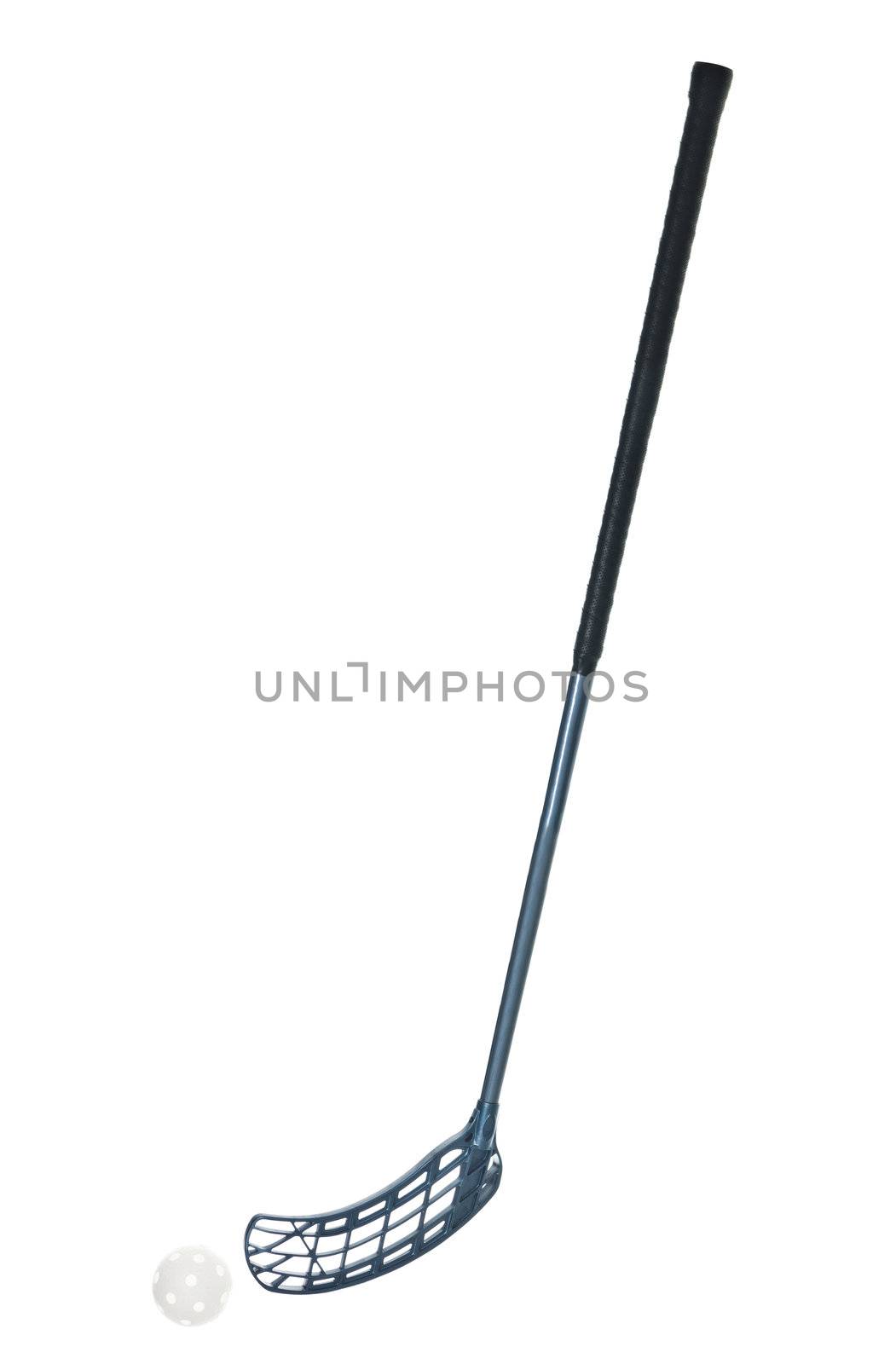Floorball stick and ball isolated on white background