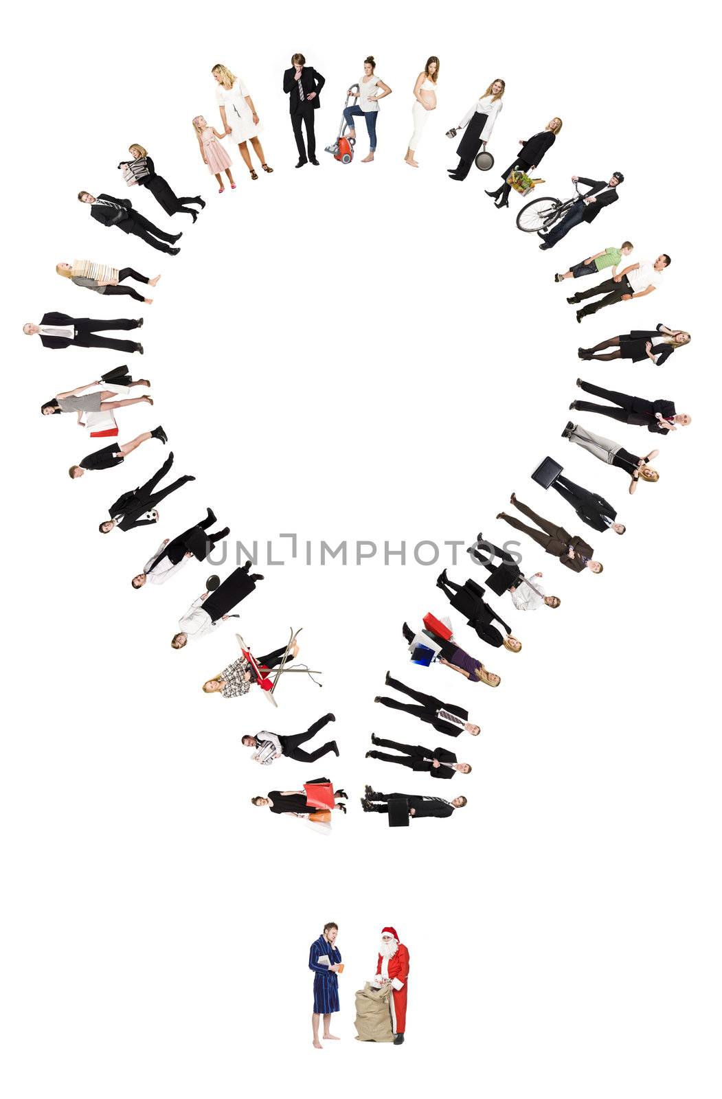 Collage of people formed as a light bulb isolated on white background