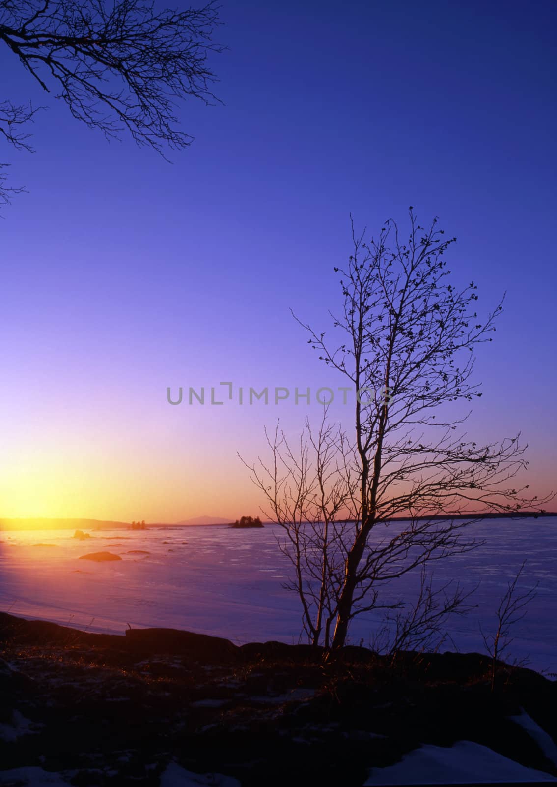 Beautiful winter landscape of snowy lake at sunset