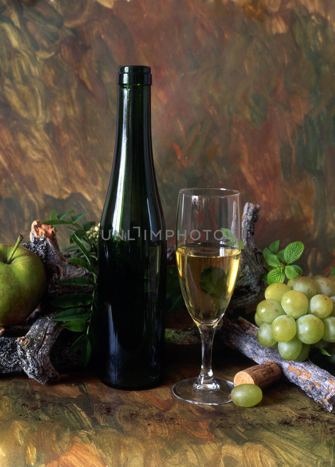 Wine and fruits isolated on painted background