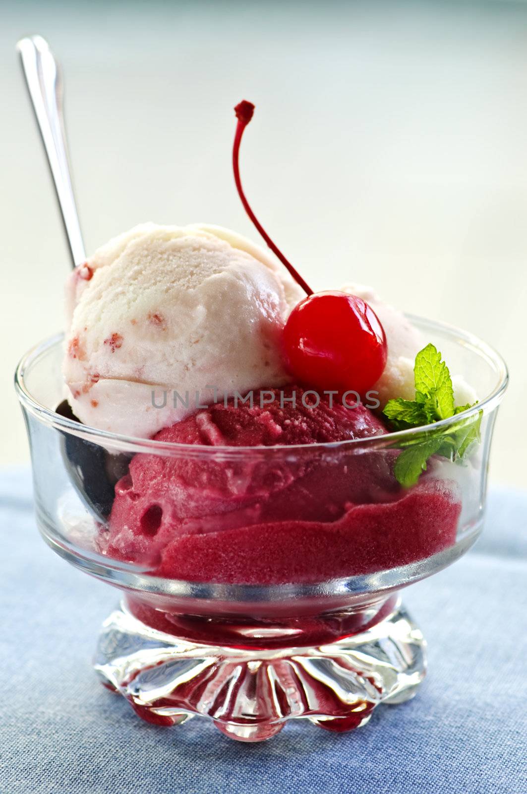 Dish of ice cream with cherry on top and spoon